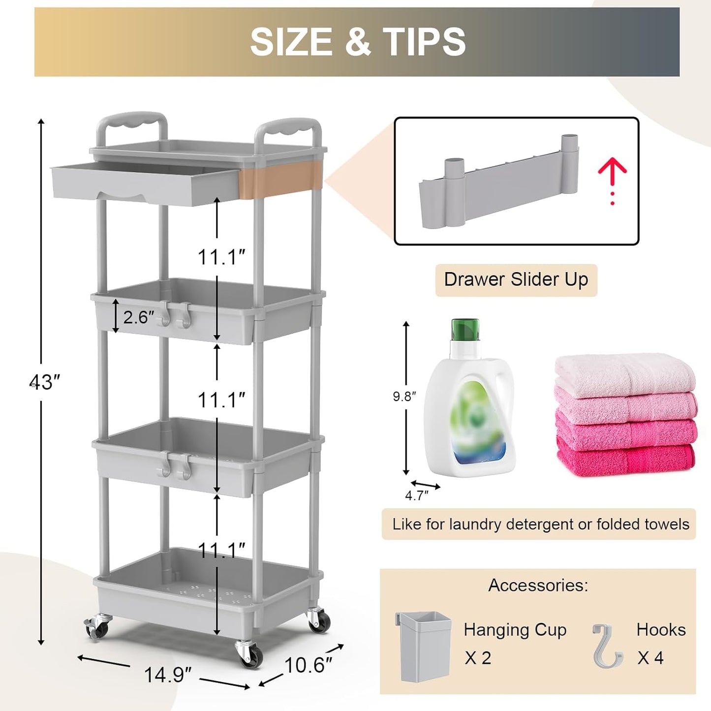 Goovilla 4 Tier Rolling Utility Cart Organizer with Removable Drawer, Stable and Sturdy Grey Rolling Storage Carts with 2 Lockable Wheels for Bathroom, Kitchen, Snack, Craft, Makeup, Baby Essentials