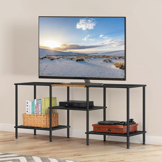 50 inch TV Stand 3 Tier Entertainment Center with Storage Shelves Small Tall Television Console Table with Metal Frame, Industrial TV Cabinet for Living Room Bedroom, Black
