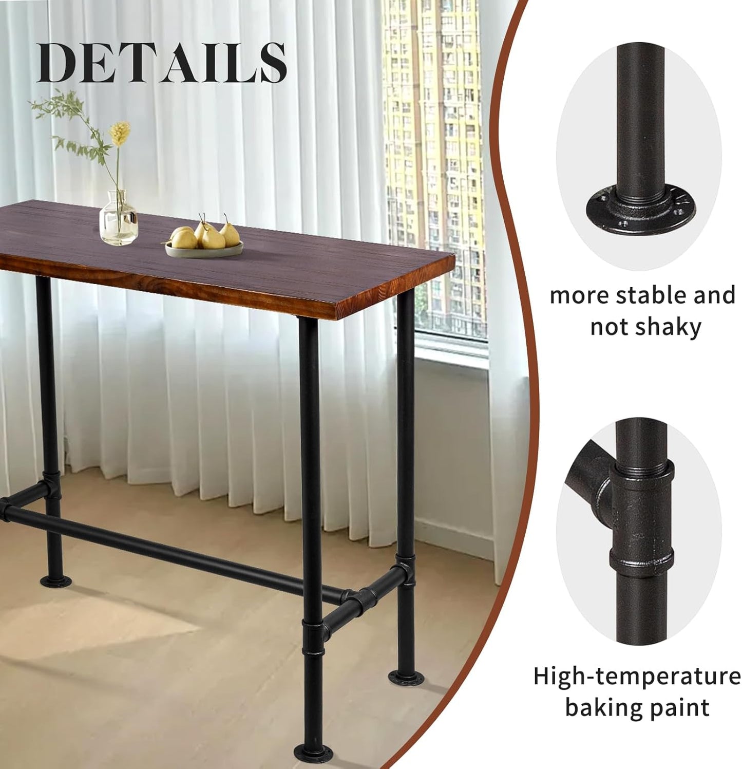 Diwhy DIY Industrial Design Pipe Dining Table Casual Pub BAR Laptop Table Modern Studio Wood and Metal Rectangular Dining Table homeoffice Desk Breakfast high bar Table Brown Desktop 47.3" × 23.6"