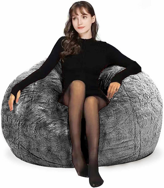 Bean Bag Chair for Adults Kids Without Filling Comfy Fluffy Round Beanbag Lazy Sofa Cover for Reading Chair Floor Chair, 3.5FT, Grey