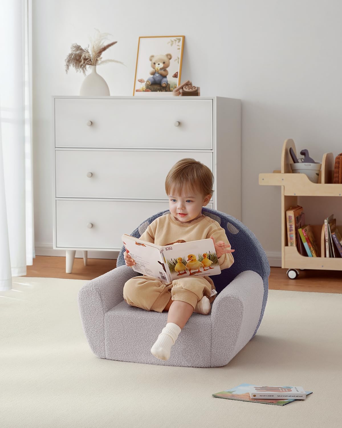 Blissful Diary Toddler Chair Comfy, Foam Kids Chair with Soft Teddy Plush, Toddler Reading Chair with Cute Mushroom Designs- Blue