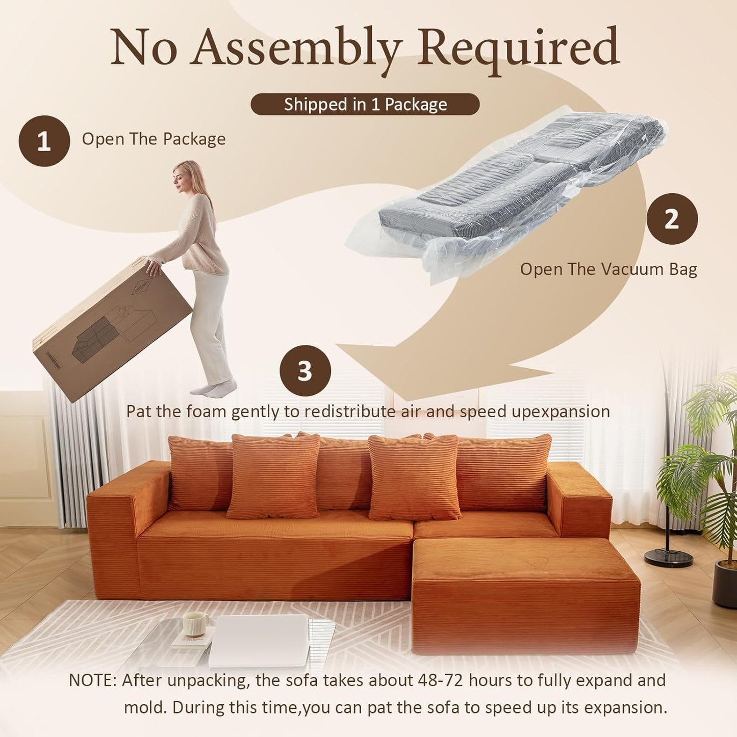 INGEROOM 108" Cloud Sectional Couch with L-Shape Chaise, Modular Sofa Memory Foam, Boneless Sofa with Movable Ottoman, Upholstered Couches for Living Room Bedroom, No Assembly Required, Orange