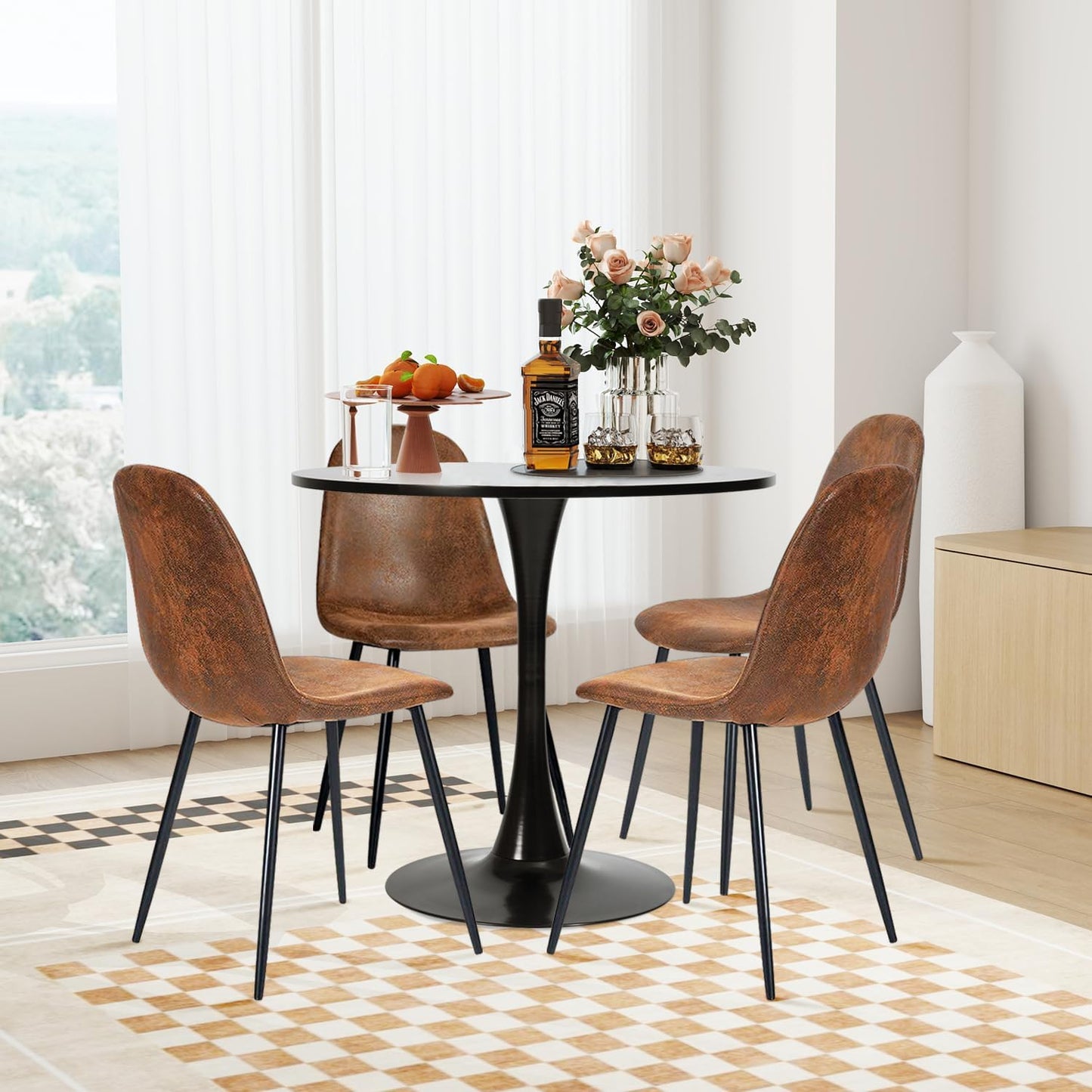 FurnitureR Dining Chairs Set of 4, Mid-Back Armless Side Chairs with Suede Upholstery and Sturdy Metal Legs, Comfortable Accent Seating for Kitchen, Dining Room, Café, Living Room, Bedroom, Brown