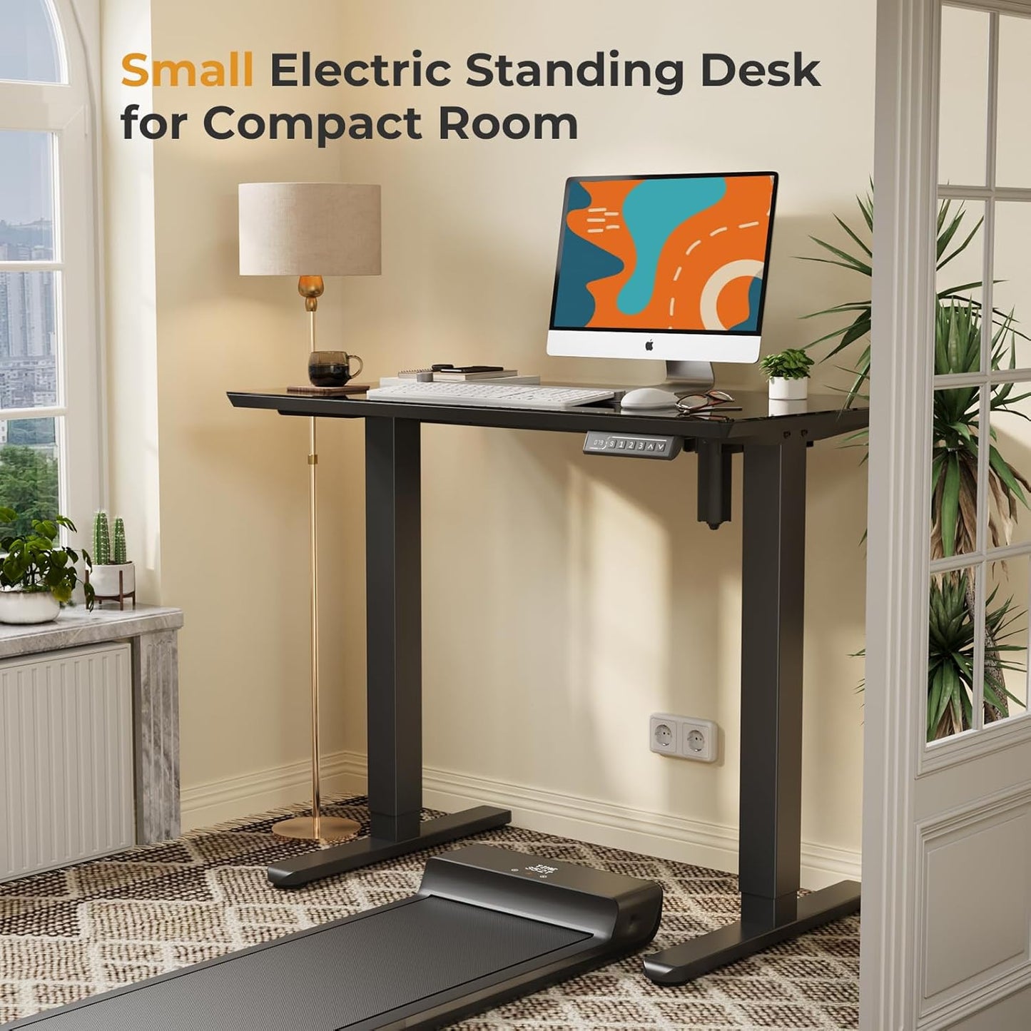 JOY worker Small Glass Standing Desk, 35" x 20" Electric Whole Piece Height Adjustable Desk with 4 Lockable Casters, Mobile White Sit to Stand Workstation for Home Office, Black