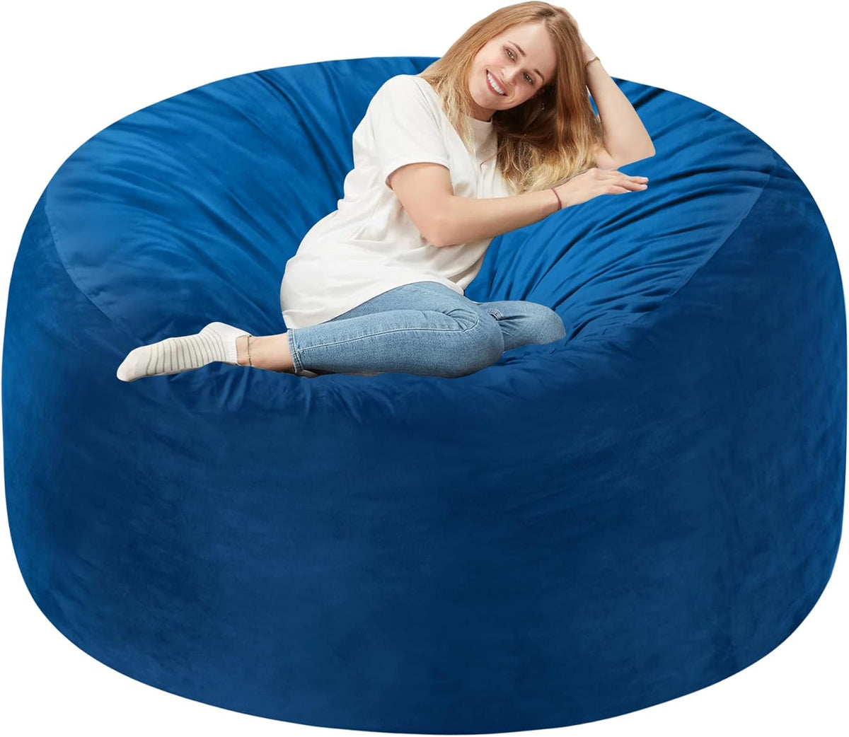 Homguava 5FT Bean Bag Chair Giant BeanBag with Memory Foam Filled, Comfy Bean Bag Chairs for Adults, Adult Bean Bag Chair with Dutch Velvet Cover for Living Room Bedroom-Blue