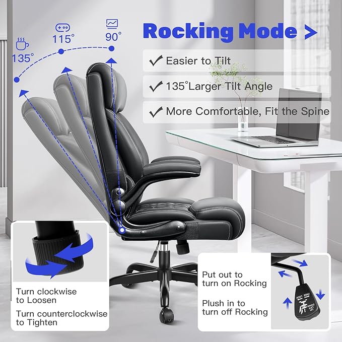High Back Executive Office Chair - Ergonomic Computer Desk with Rocking Function, Leather Managerial with Adjustable Flip-Up Armrests and Lumbar Support
