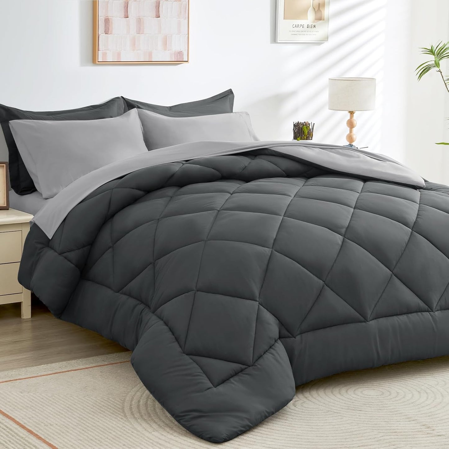 HEVUMYI Full Comforter Set - 7-Piece All Season Bed in a Bag Full, Ultra Soft Bedding Set with Comforter, Flat Sheet, Fitted Sheet, Pillowcases, Pillow Shams, Dark Grey & Light Grey