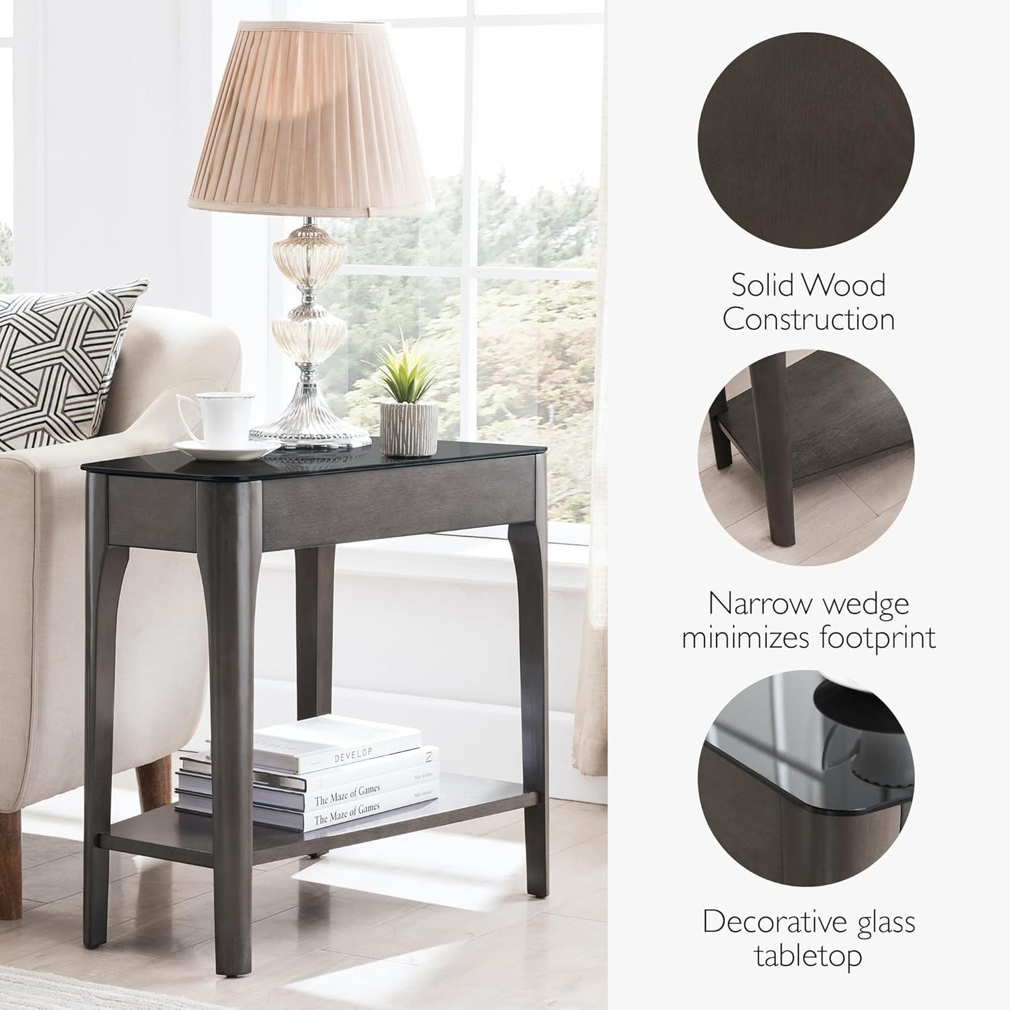 Leick Home Obsidian End Table, Solid Wood, Narrow Wedge Shape, Glass Tabletop, Bottom Display Shelf, Easy Assemlby, Smoke Gray/Black, 24.0 in. L x 17.0 in. W x 24.0 in. H, 11102-GR