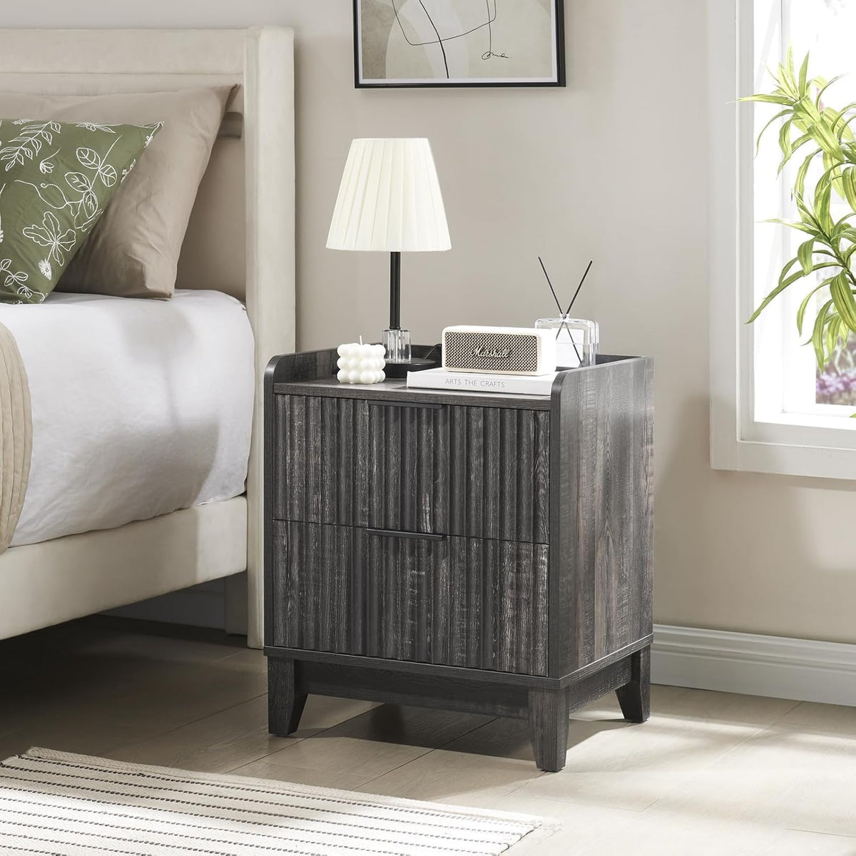 Wnutrees Fluted Nightstand with Charging Station, Modern Bedside Table with 2 Drawers, Farmhouse Wooden End Side Table Living Room, Dark