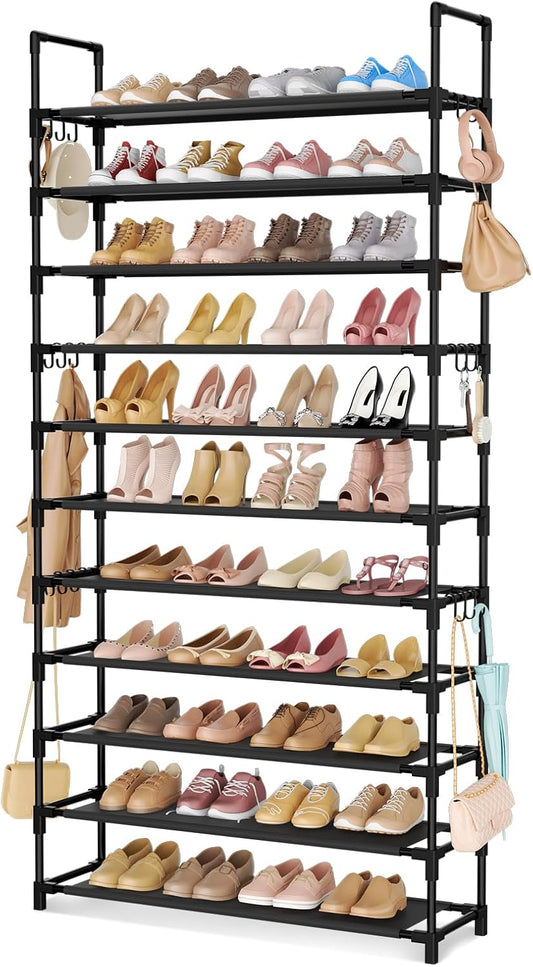 11 Tiers Tall Shoe Rack Holds 55 Pairs of Shoes with 18pcs Hooks Sturdy Wide Shoe Organizer Storage Free Standing Metal Shoe Shelf for Closet, Entryway Black