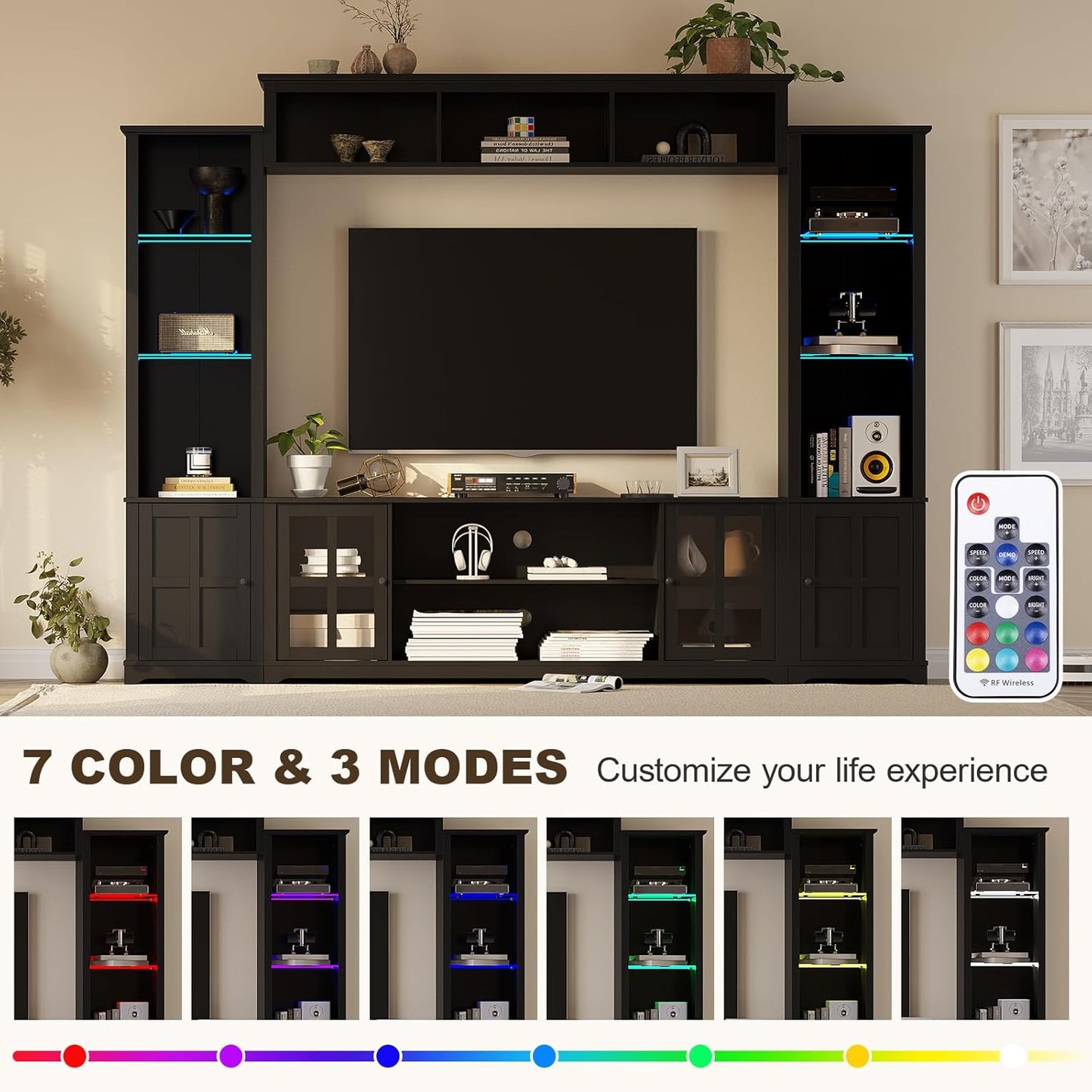 Wall Unit TV Stand with Storage & LED Lights, Large Entertainment Center with Bookshelves for TVs up to 75", Media Console for Living Room, Black