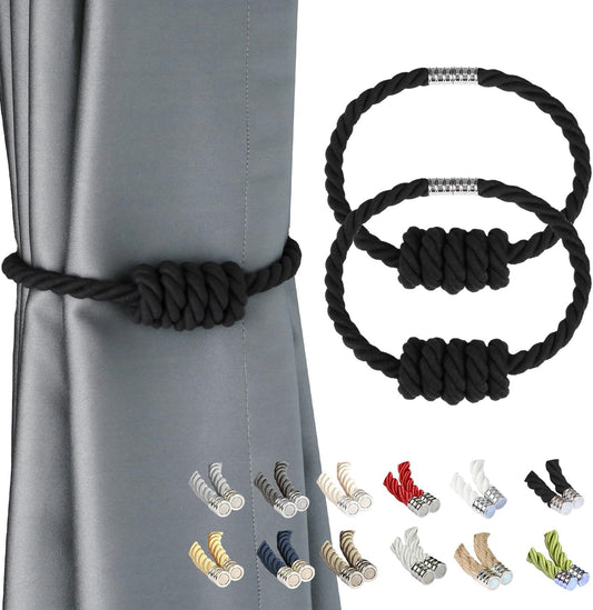BEL AVENIR Magnetic Cotton Curtain Tiebacks, Decorative Drapery Holdbacks Modern Woven Tie-Backs with Exquisite Knot (Black Cotton, 2 Pack)