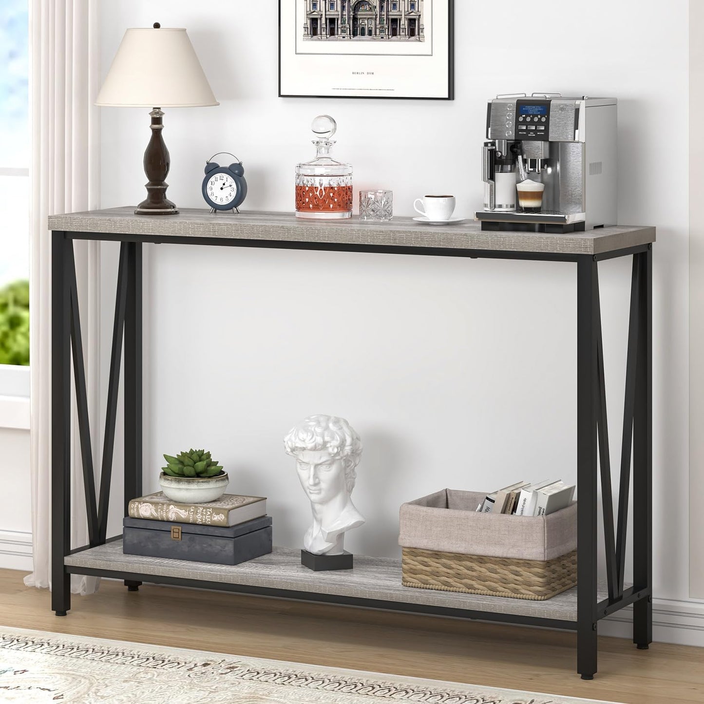 FOLUBAN Industrial Sofa Console Table, Rustic Wood and Metal Entryway Hallway Table for Living Room Entrance, 43.3 Inch Light Grey