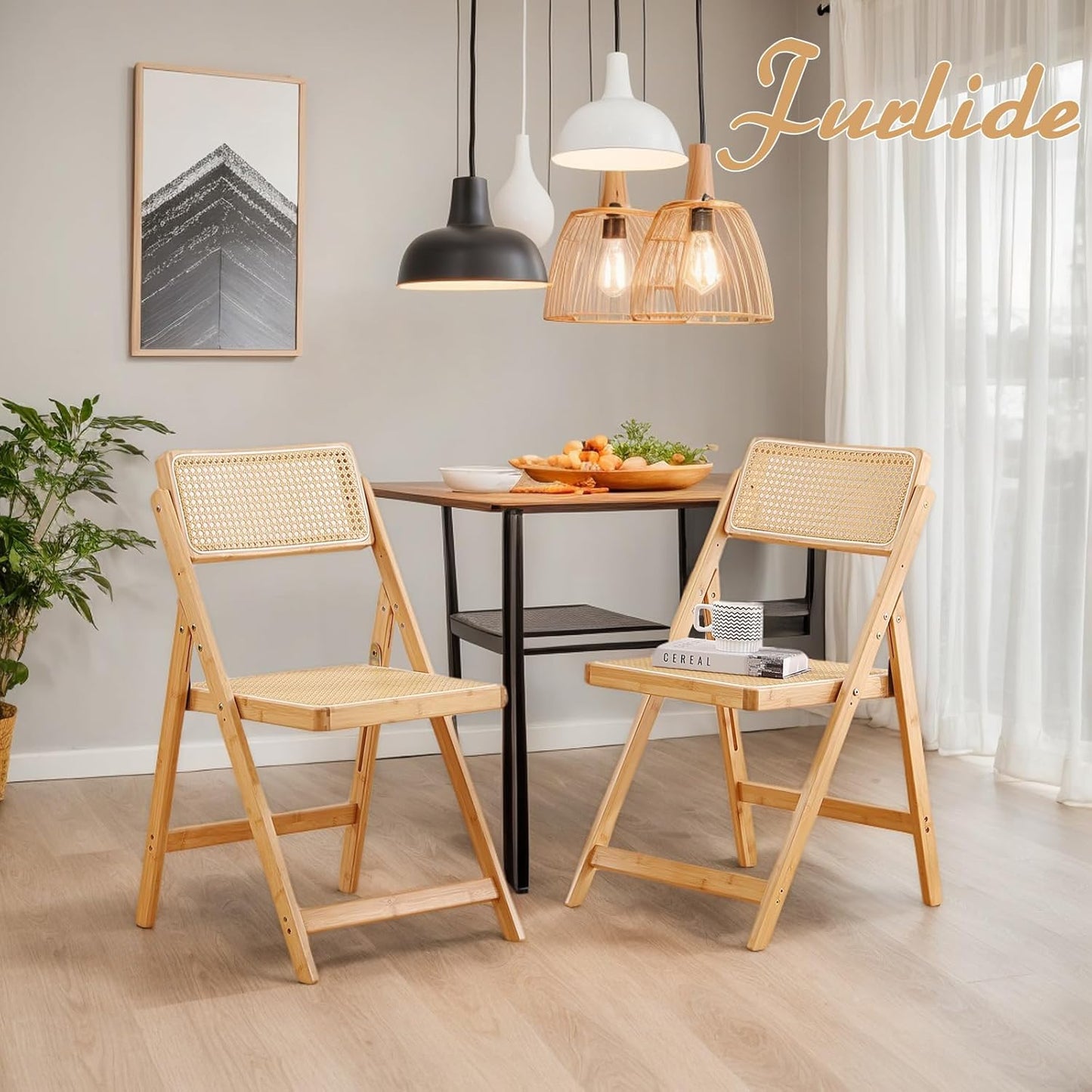 Rattan Folding Chairs, Modern Mid Century Dining Chairs Set of 2, Outdoor Bamboo Chair for Bedroom Living Room Reading Room Dining Kitchen, Wood