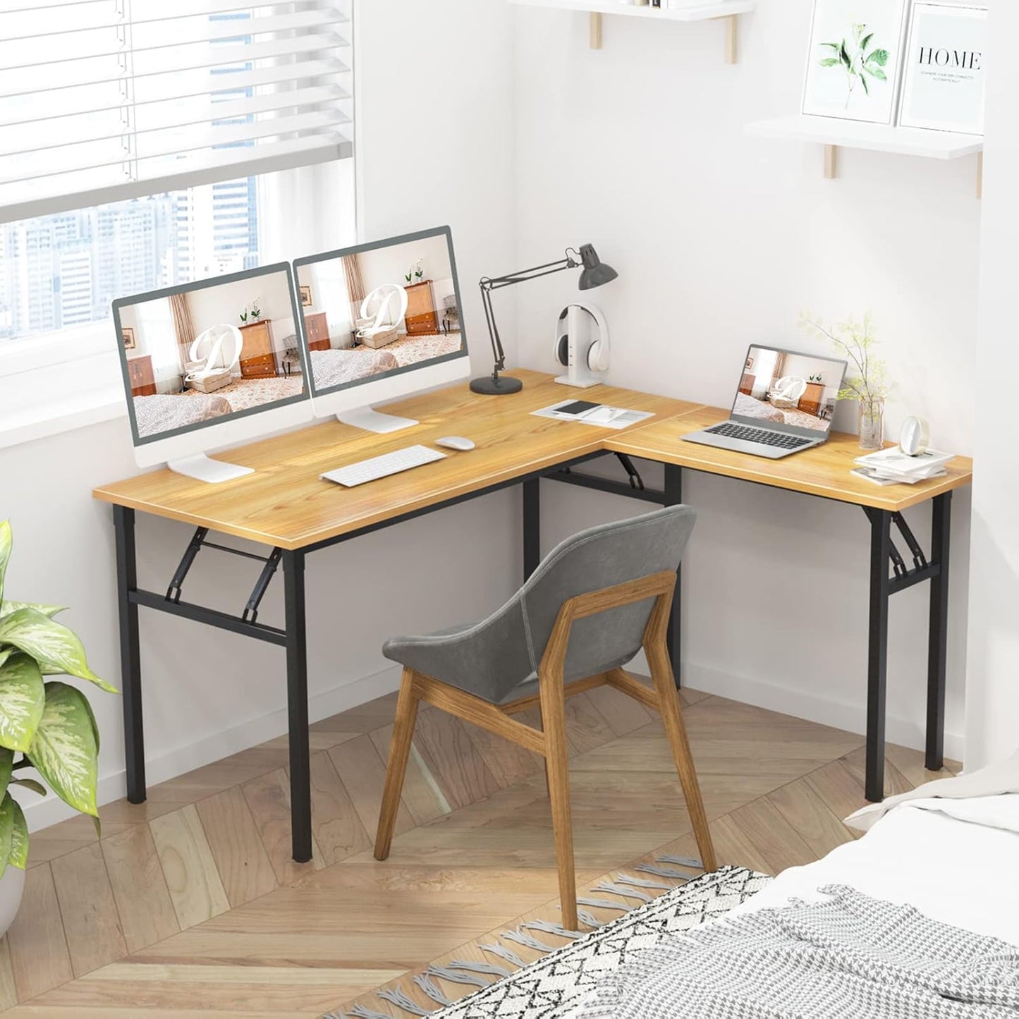 DlandHome Reversible L-Shaped Desk Large Corner Desk Folding Table Computer Desk Home Office Table Computer Workstation, Teak DND-ND11-TB