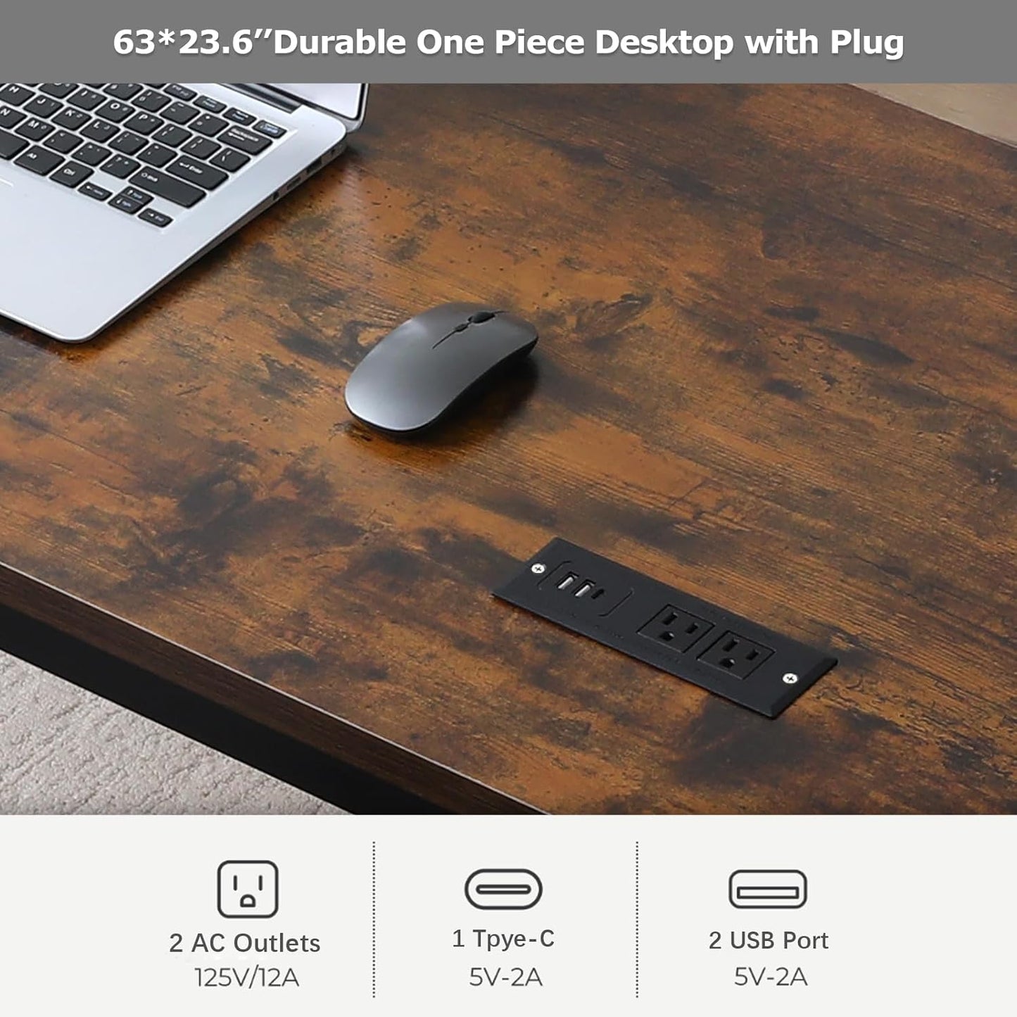 Large Computer Desk - 63 Inch Home Office Desks Study Student Writing Table Gaming Desk Wood Modern Simple Table with USB Ports, Rustic Brown