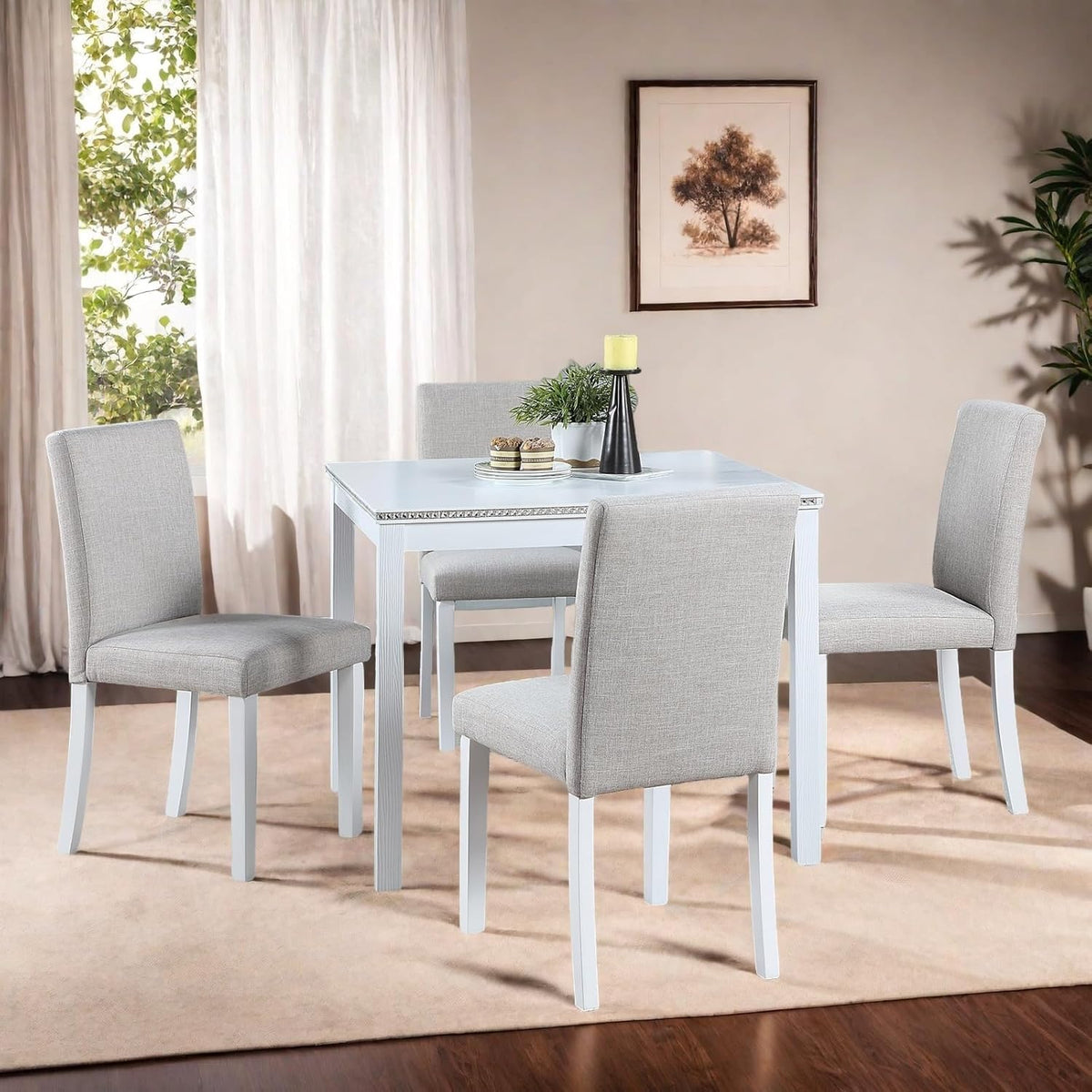 Dining Table Set for 4, 5-Piece Dining Room Table Set with Square Crystal Decoration Table & 4 Upholstered Backrest Chairs, Counter Height Kitchen Sets with Faux Wood Grain Design, White