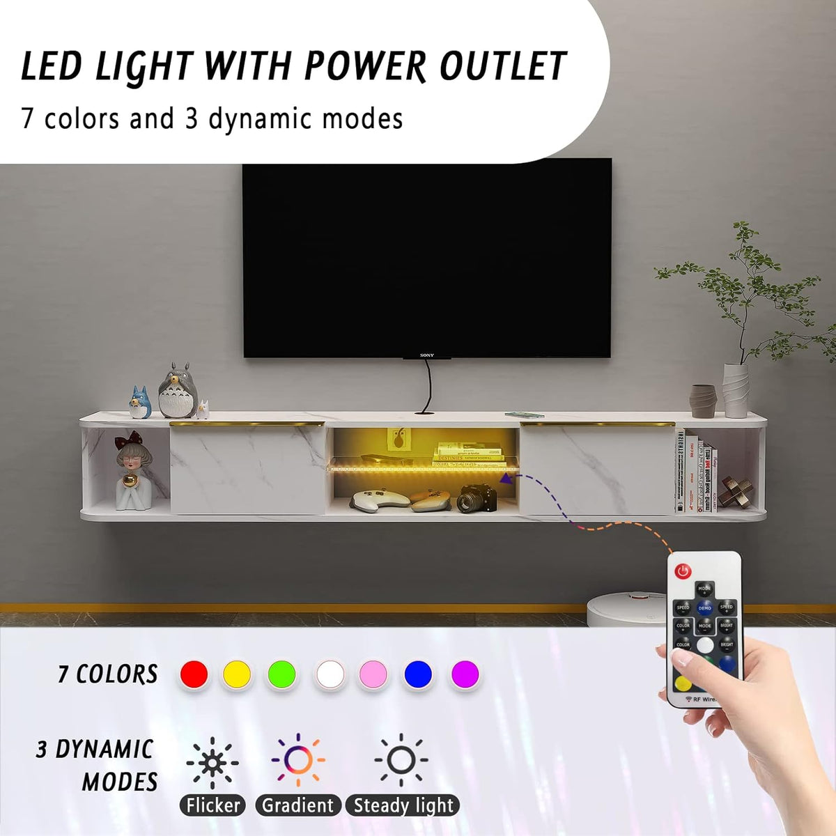Pmnianhua LED Floating TV Stand with 2 Drawers,78'' Floating TV Shelf with LED Lights,Wall Mounted Media Console,Floating Entertainment Center with Storage for Bedroom Playroom Living Room(White)