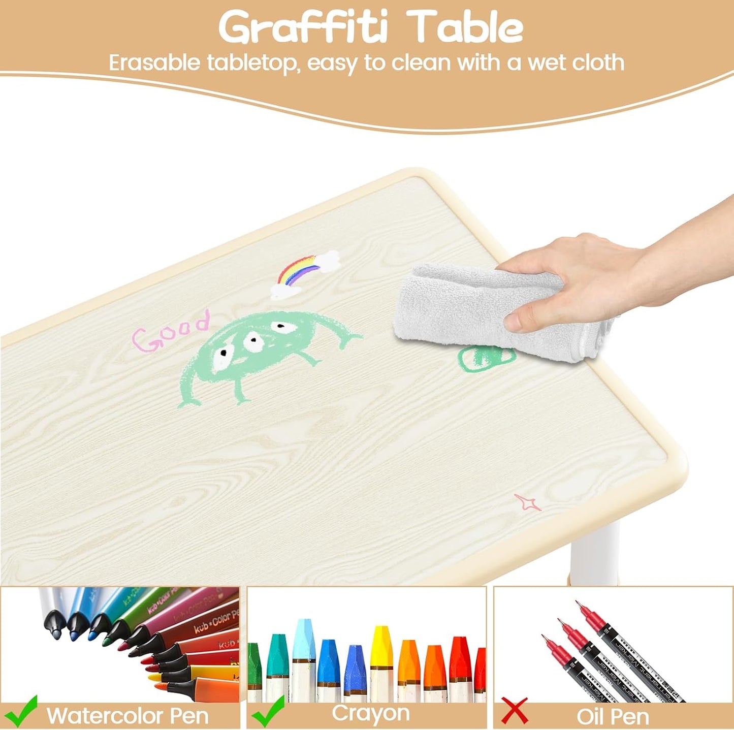 GarveeHome Kids Table and 4 Chairs Set, Height Adjustable Toddler Table and Chair Set for 4, Graffiti Desktop, Non-Slip Children Table for Home Daycare Preschool for Ages 2-8, Beige