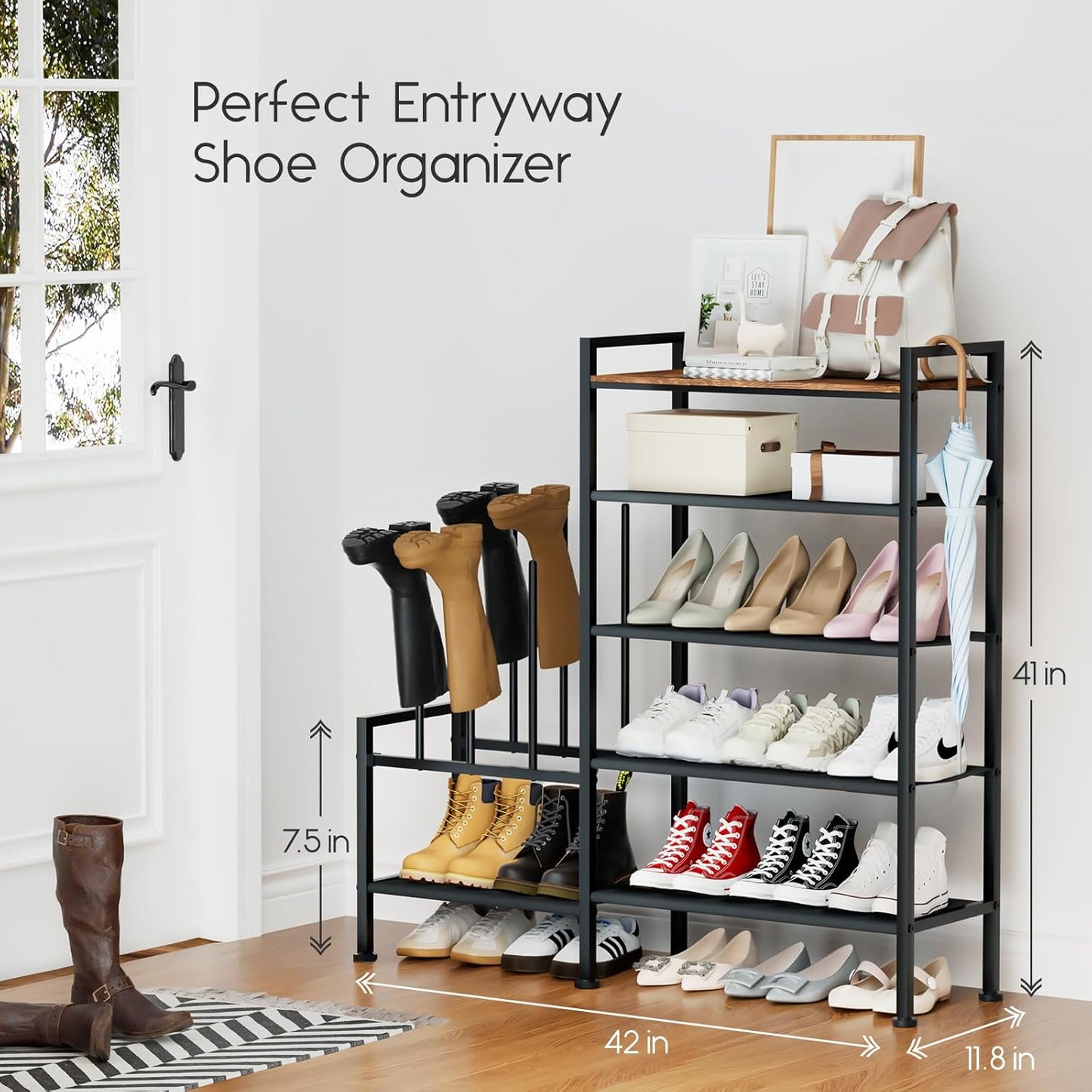 Shoe Rack Organizer and Storage - 5 Tier Metal Shoe Rack with Boot Storage & Side Any Combination - Space Saving Shoe Shelf for Entryway, Bedroom, Closet, Garage, Small Spaces