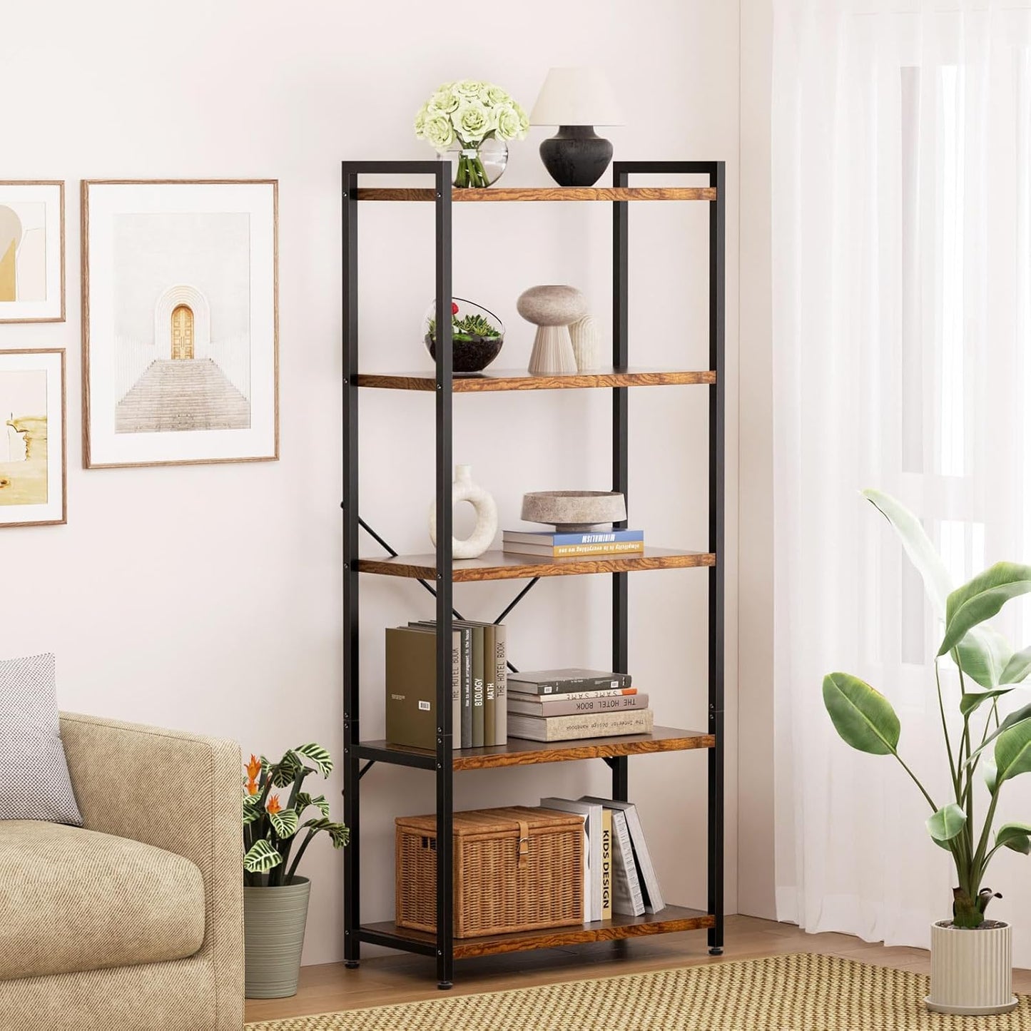 Casaottima Book Shelf, 5 Tier Bookshelf, Modern Wood Bookcase Shelves for Bedroom, Industrial Display Shelf for Living Room Home Office Kitchen, Standing Shelving Unit Storage Organizer, Vintage