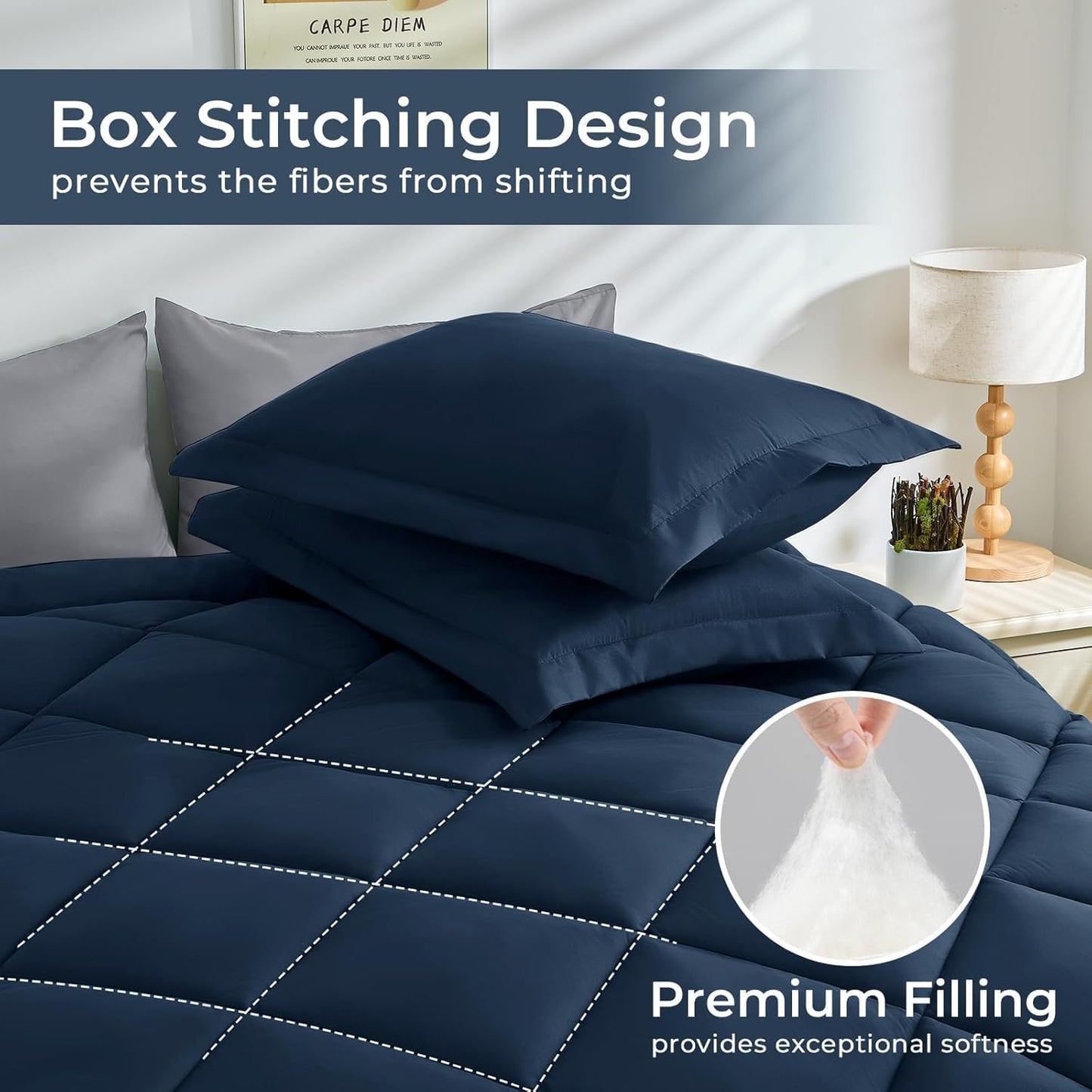 HEVUMYI King Comforter Set - 7-Piece All Season Bed in a Bag King, Ultra Soft Bedding Set with Comforter, Flat Sheet, Fitted Sheet, Pillowcases, Pillow Shams, Navy Blue & Light Grey