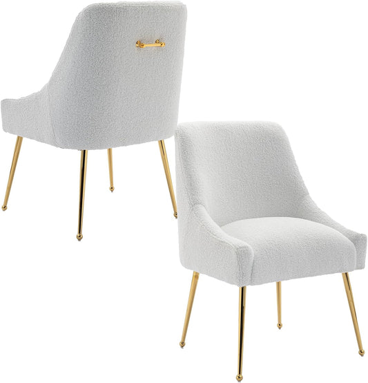 Modern Velvet Dining Chairs Set of 6, Contemporary Upholstered Furniture Collection with Polished Gold Metal Legs, Elegant Accent Chairs for Kitchen Living Room(Teddy Fleece,White)