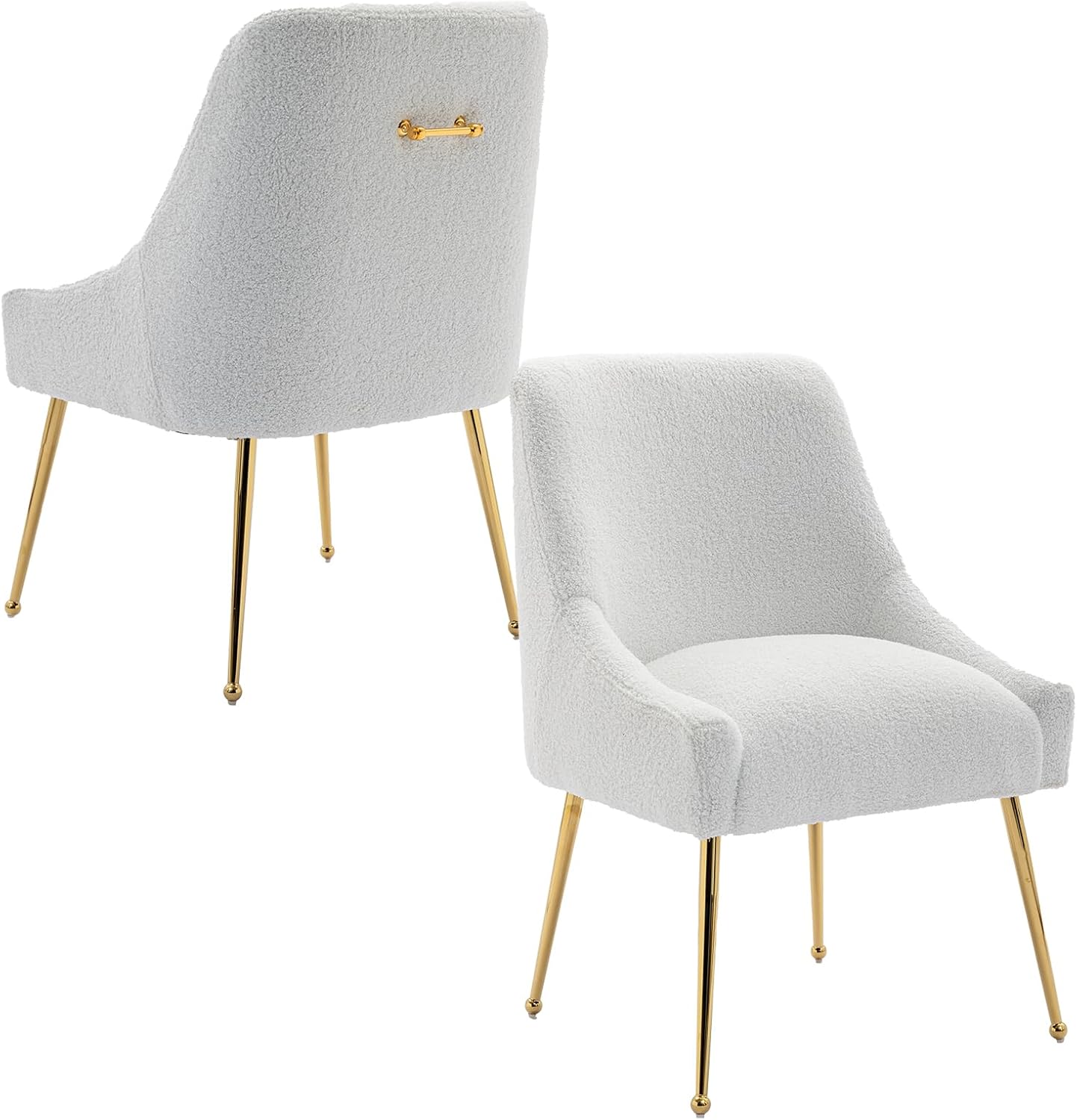 Modern Velvet Dining Chairs Set of 4, Contemporary Upholstered Furniture Collection with Polished Gold Metal Legs, Elegant Accent Chairs for Kitchen Living Room(Teddy Fleece,White)