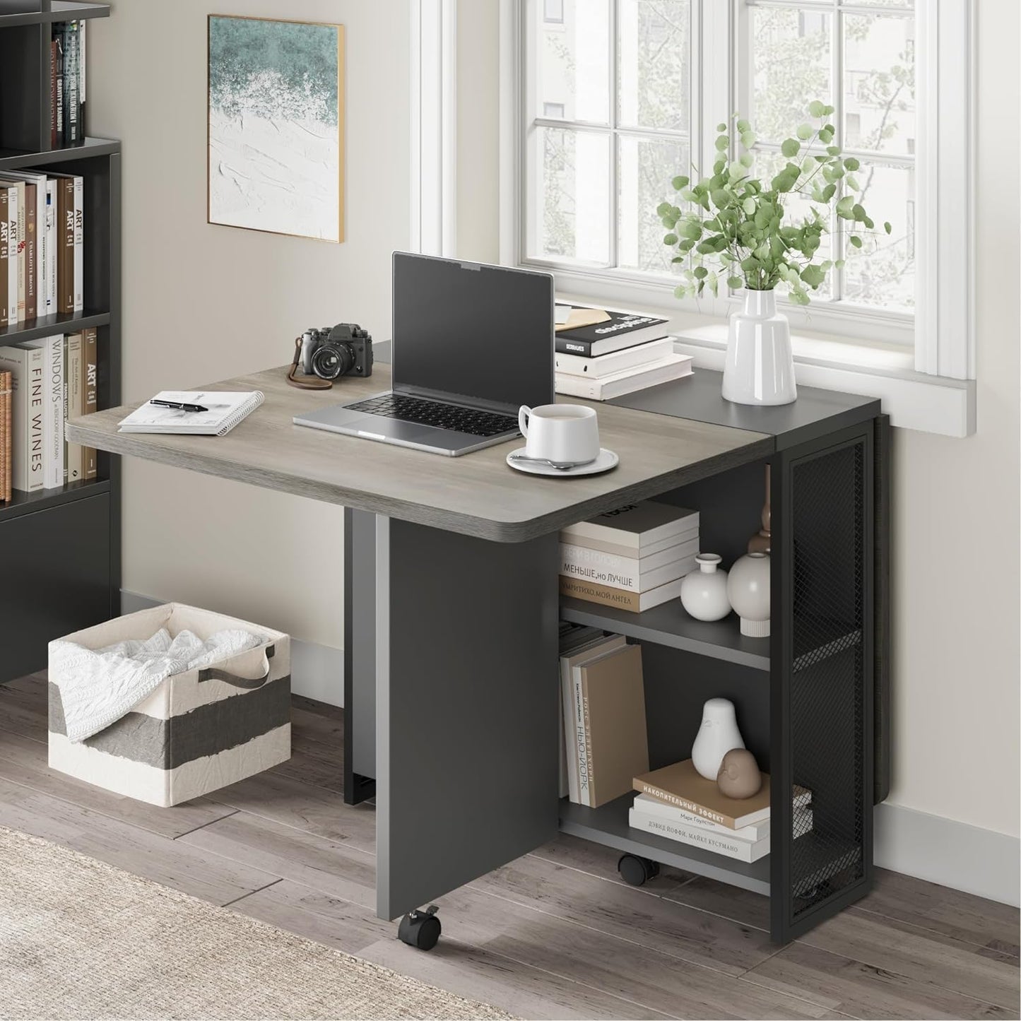 GarveeHome Folding Dining Table, Space Saving Farmhouse Dining Table for 4 Storage Shelf, 6 Wheels Multipose Expandable Kitchen Drop Leaf Table for Small Space (Carlo Grey, 50.1"D x 31.4"W x 29.5"H)