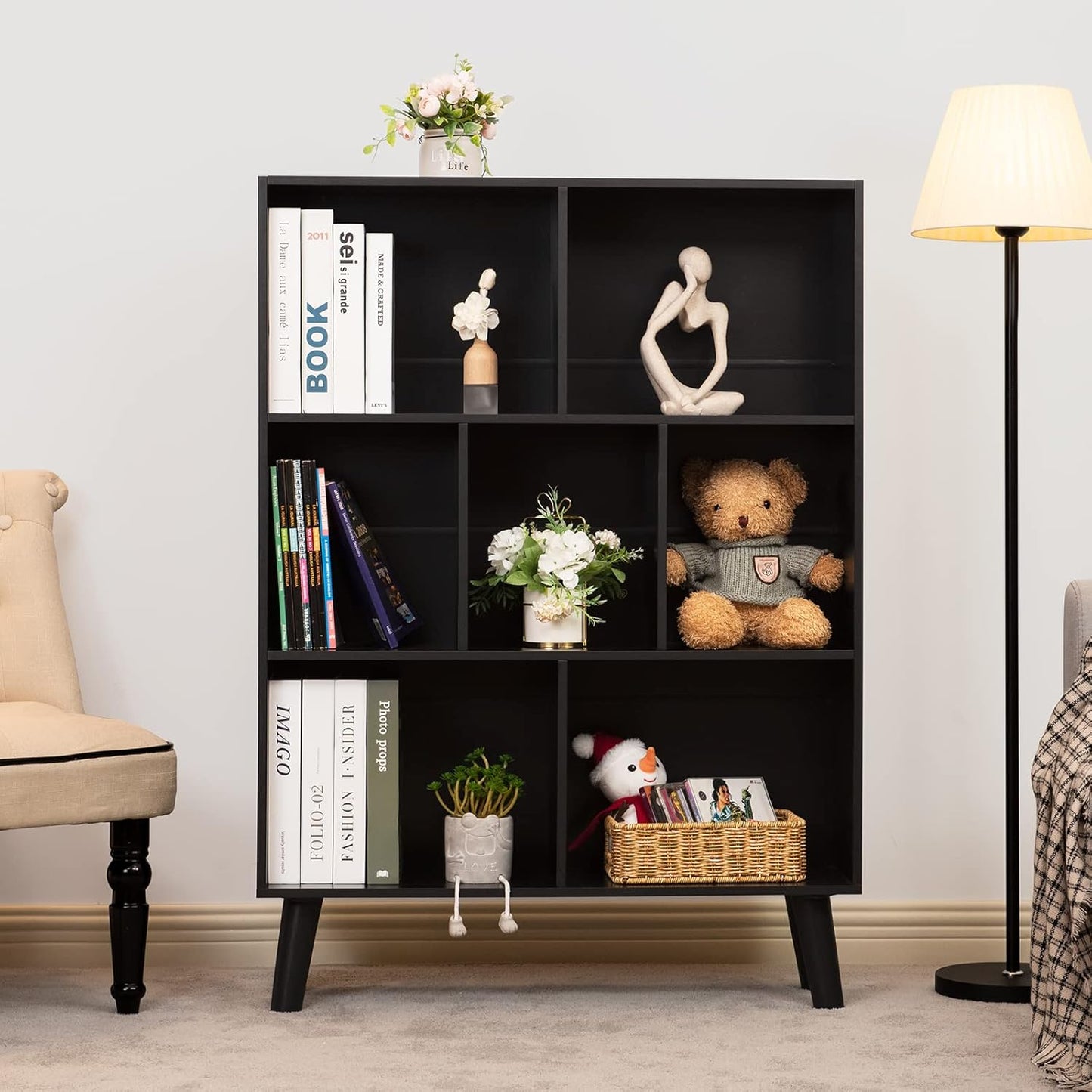 YAHARBO Black Bookshelf,3 Tier Modern Bookcase with Legs,Bookshelves Wood Storage Shelf, Open Book Shelves Cube Organizer,Freestanding Short Bookcases