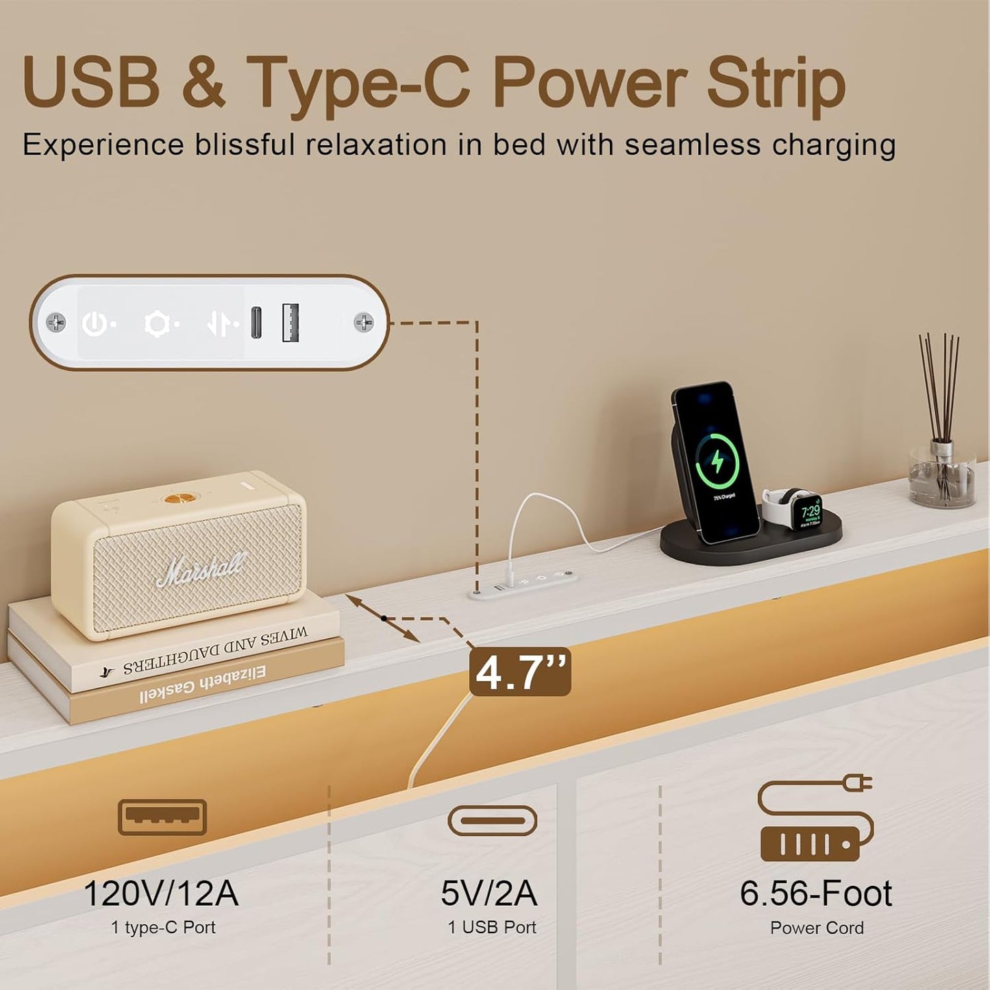 Queen Bed Frame with 4 Storage Drawers Bed Frame Queen Size with Headboard LED Lights Charging Station Metal Slats Platform Heavy-Duty Support No Box Spring Needed White