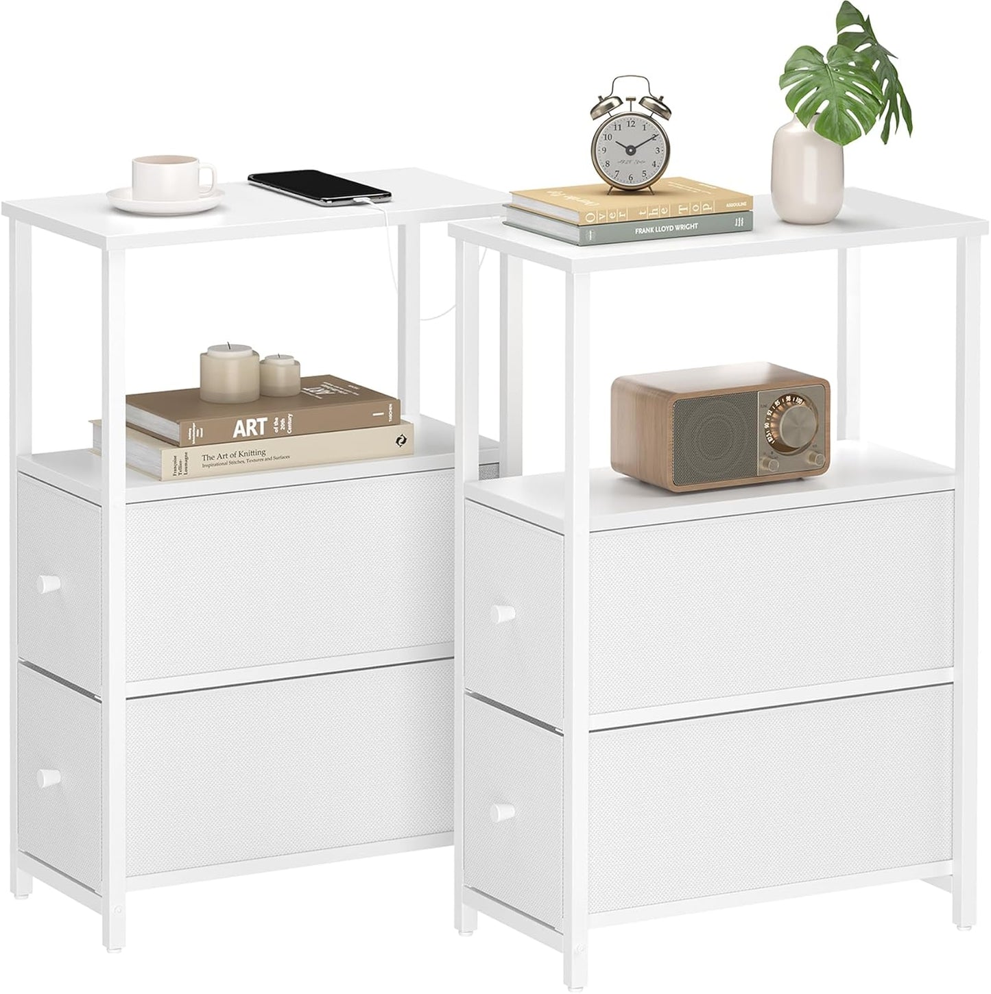 TUTOTAK Small Narrow End Table, Set of 2, Side Table, Nightstand with 2 Cloth Drawers, Couch Table, for Living Room, Bedroom, Bedside, White TB01BW054