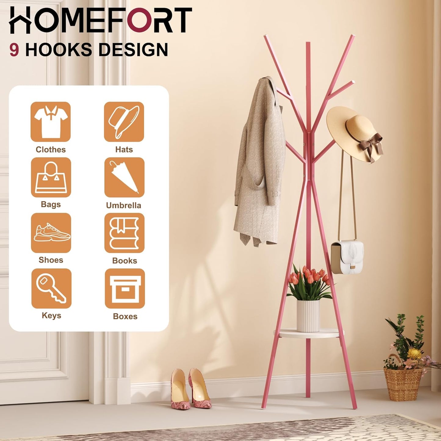 Coat Rack Hat Stand Free Standing Display Hall Tree Metal Hat Hanger Garment Storage Holder with 9 Hooks for Clothes Hats and Scarves (Pink)