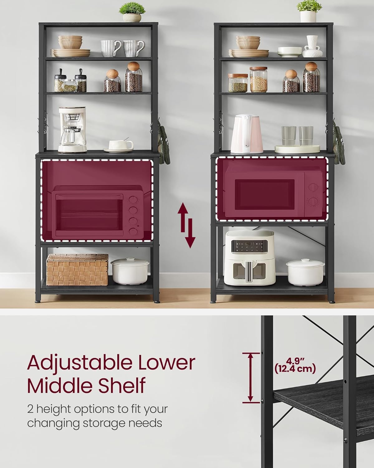 VASAGLE Coffee Bar, Baker’s Rack for Kitchen with Storage, 6-Tier Kitchen Shelves with 6 Hooks, Microwave Stand, Industrial, 15.7 x 23.6 x 65.7 Inches, Charcoal Gray and Black UKKS024B22