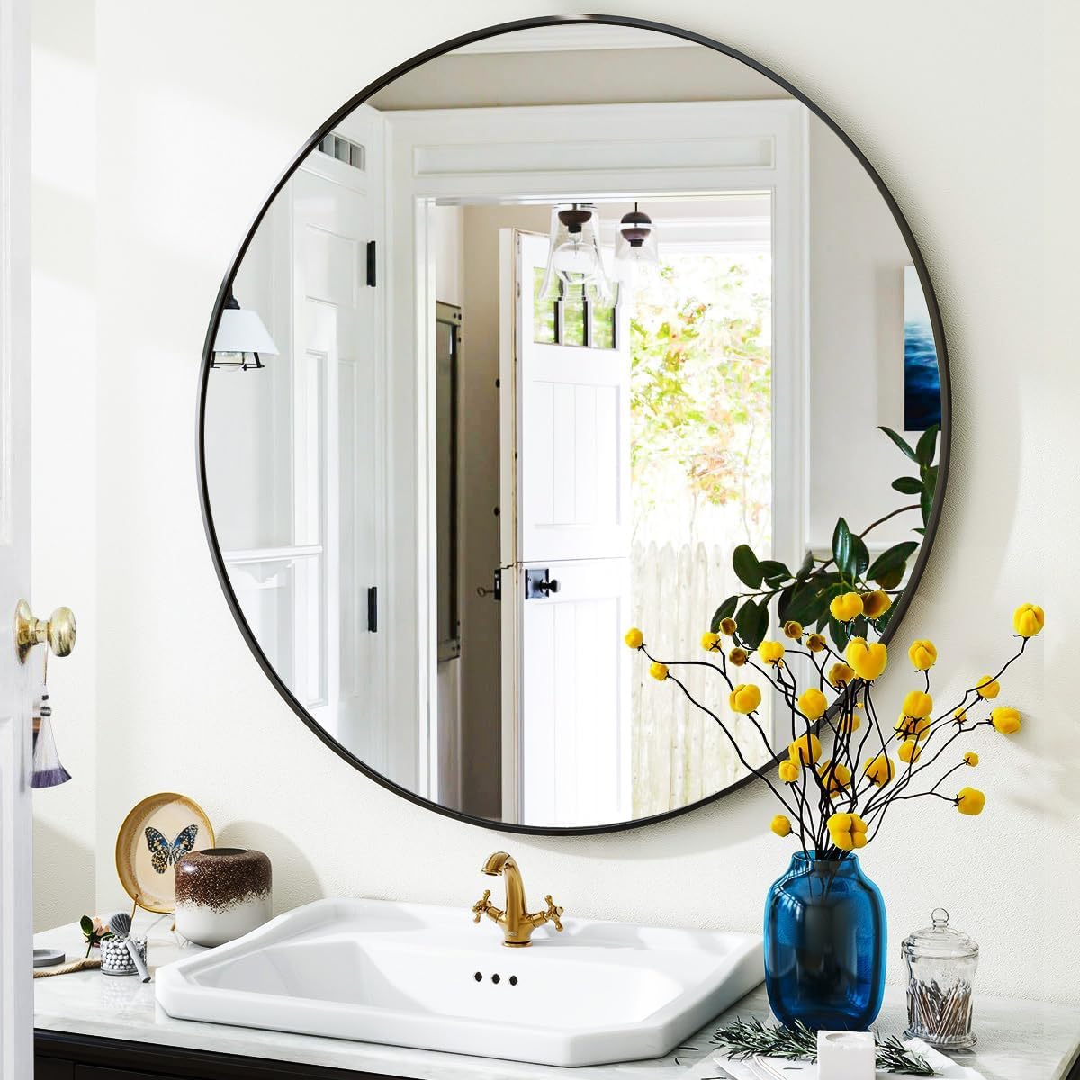 Black Round Bathroom Mirror, 24 inch Circle Wall Mounted Hanging Mirror with Simple Modern Circular Metal Frame for Hallway, Entryway, Living Room, Black Frame