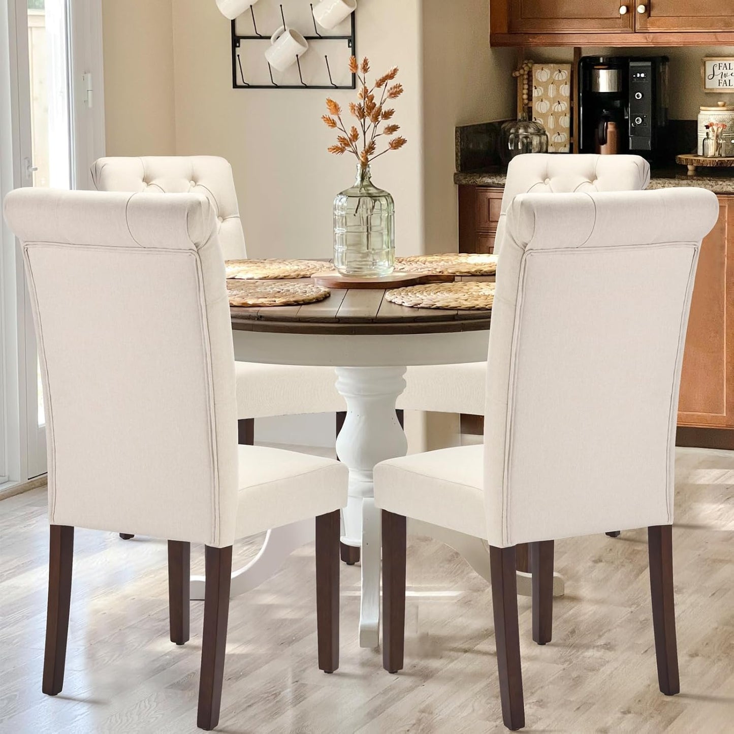 COLAMY Tufted Dining Chairs Set of 2, Accent Parsons Diner Chair Upholstered Fabric Stylish Kitchen Chairs with Solid Wood Legs and Padded Seat, Beige