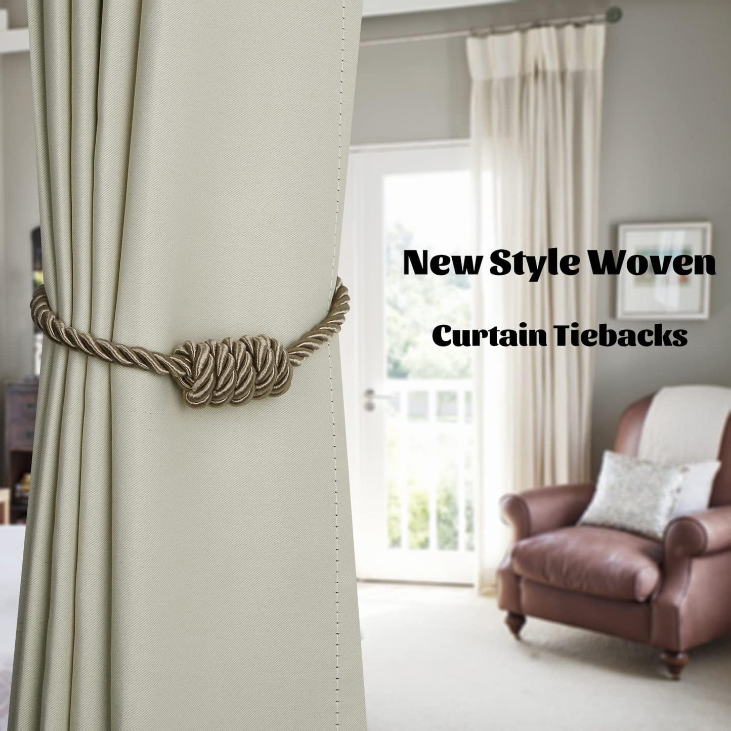 BEL AVENIR Magnetic Curtain Tiebacks, Decorative Drapery Holdbacks Modern Woven Tie-Backs with Exquisite Knot (Flaxen, 4 Pack)