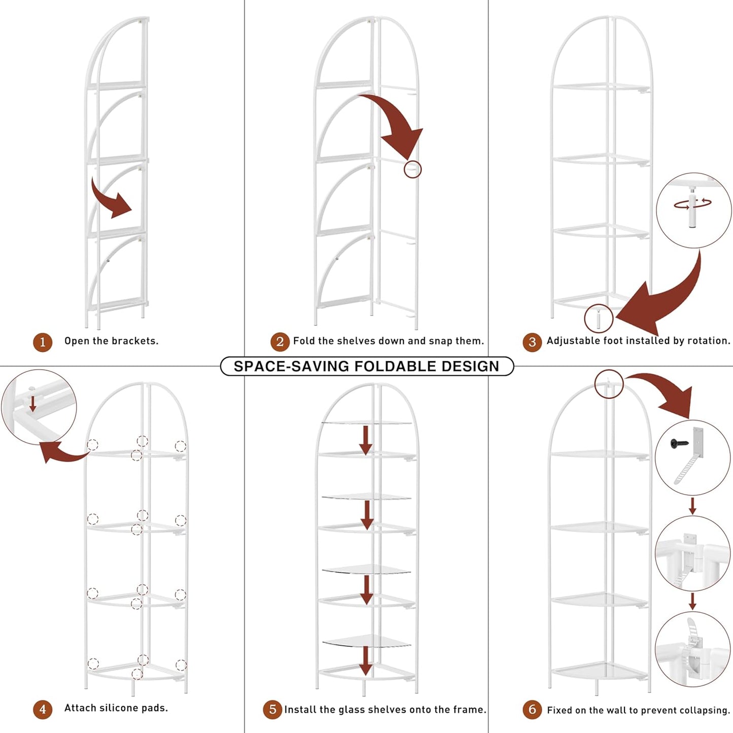 Crofy Foldable 4 Tier Corner Shelf, Metal Corner Plant Stand with White Frame and Transparent Shelves, Corner Display Rack Multipurpose Shelving Unit for Living Room, Bedroom, Bathroom