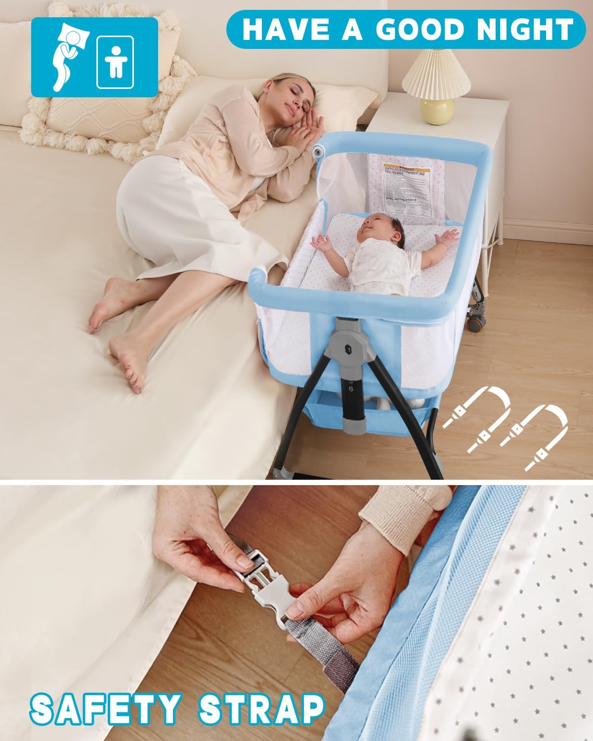 3 in 1 Baby Bassinet, Bedside Crib with Breathable Mesh, Bassinet Bedside Sleeper with Wheels, Mosquito Net, Storage Basket, 6 Height Adjustable, Easy to Fold, Dark Black