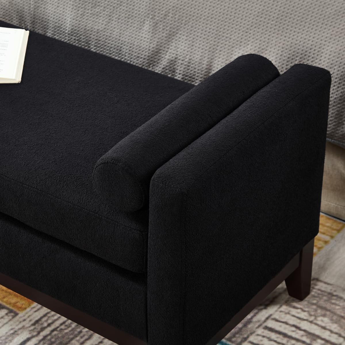 24KF Large Upholstered Boucle Fabric Ottoman with Pillows,Comfort Padded Window Bench for Living Room,Entryway Bench,5095-Black