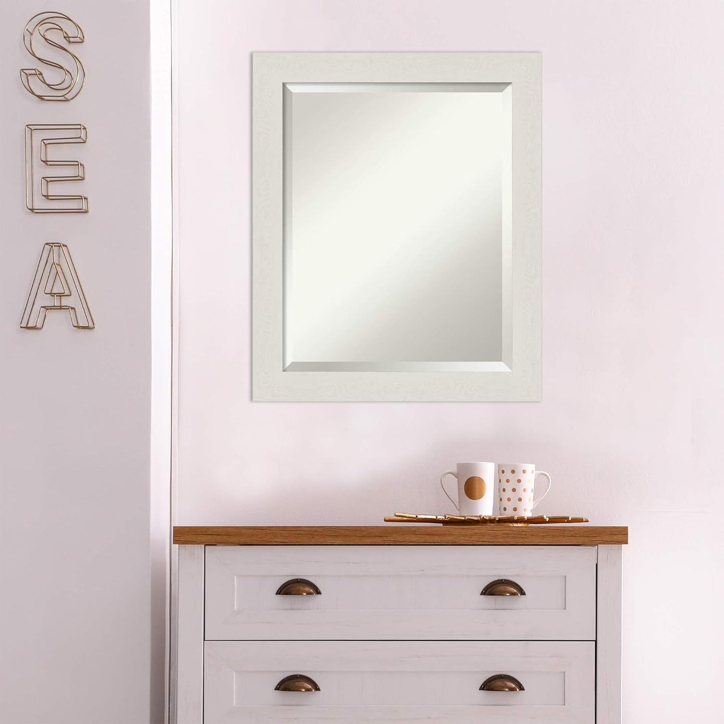 Amanti Art White Bathroom Mirror for Over Sink, 24x20 Rustic Plank White Narrow Rectangle Vanity Mirror, Small Rustic Farmhouse Frame, Hangs Horizonally and Vertically, Bathroom Wall Decor, Beveled