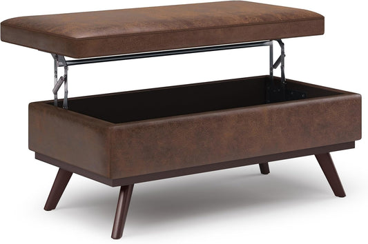 SIMPLIHOME Owen 42 inch Wide Mid Century Modern Rectangle Lift Top Large Coffee Table Storage Ottoman in Distressed Chestnut Brown Vegan Faux Leather, Assembled, For the Living Room
