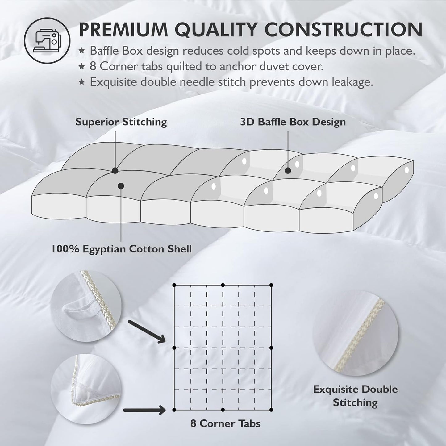 Luxurious White Solid Heavy Weight, Palatial King Size Goose Feathers Down Comforter for Winter Weather, 120 X 98 inches, Premium Baffle Box, 100% Egyptian Cotton Cover, 95 oz. Fill Weight