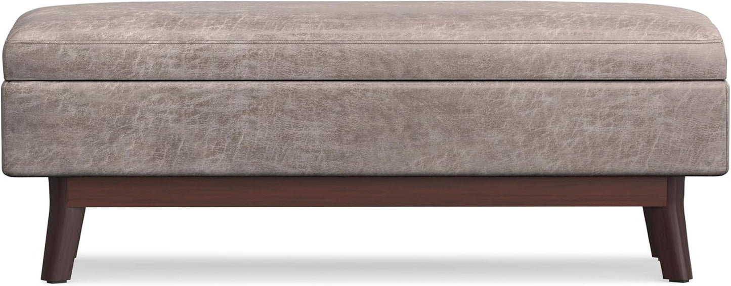 SIMPLIHOME Owen 48 inch Wide Mid Century Modern Rectangle Rectangular Storage Ottoman in Distressed Grey Taupe Vegan Faux Leather, Assembled, for the Living Room, Entryway and Family Room