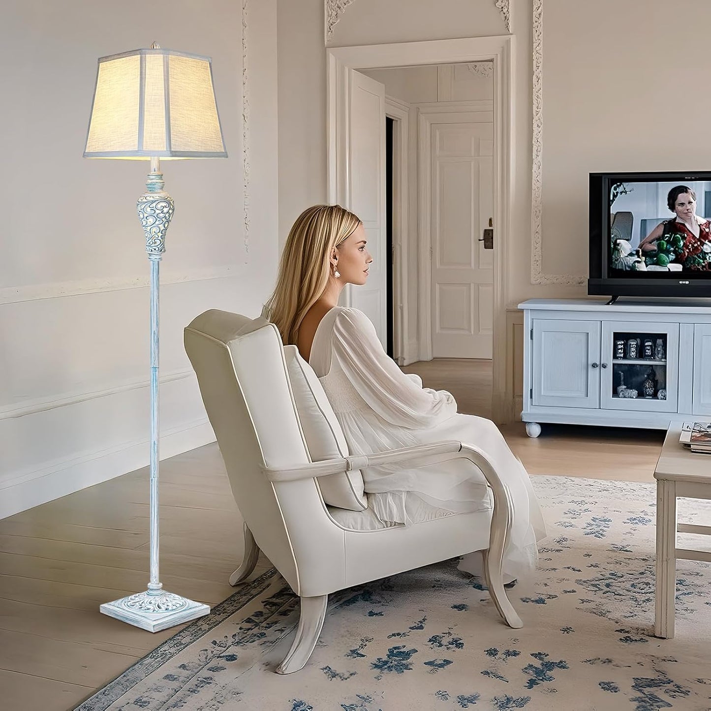 Vintage Floor Lamp with Nightlight, 65" Retro Standing Lamp with White Linen Shade, Washed Blue Finish Farmhouse Style Design Tall Lamp Decor for Living Room Bedroom Study Home Corner (Bulb Included)