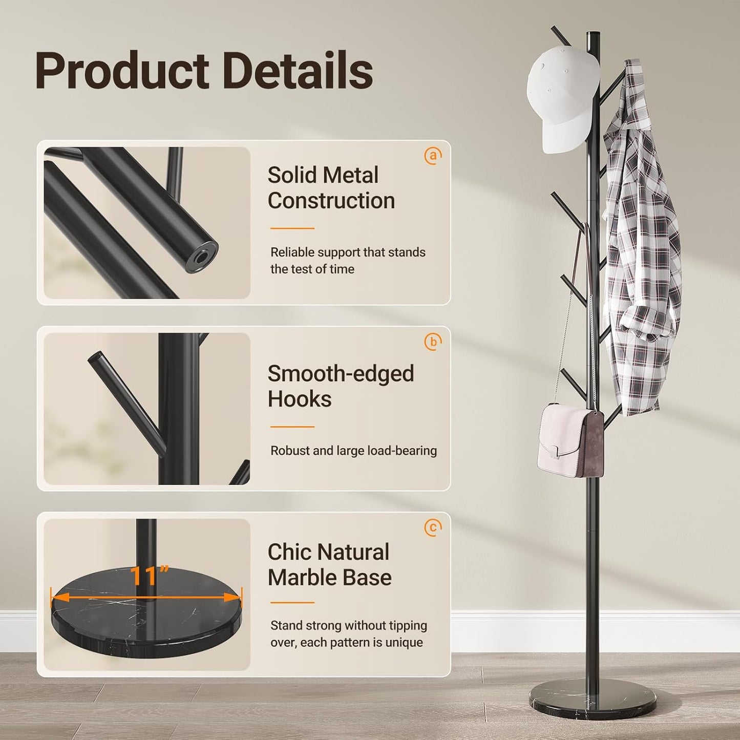 ELYKEN Coat Rack Freestanding with Natural Marble Base, Metal Coat Rack Stand with 10 Hooks, 3 Adjustable Size Coat Tree for Bags, Clothes, and Hats for Entryway, Bedroom, Hallway, Office, Black