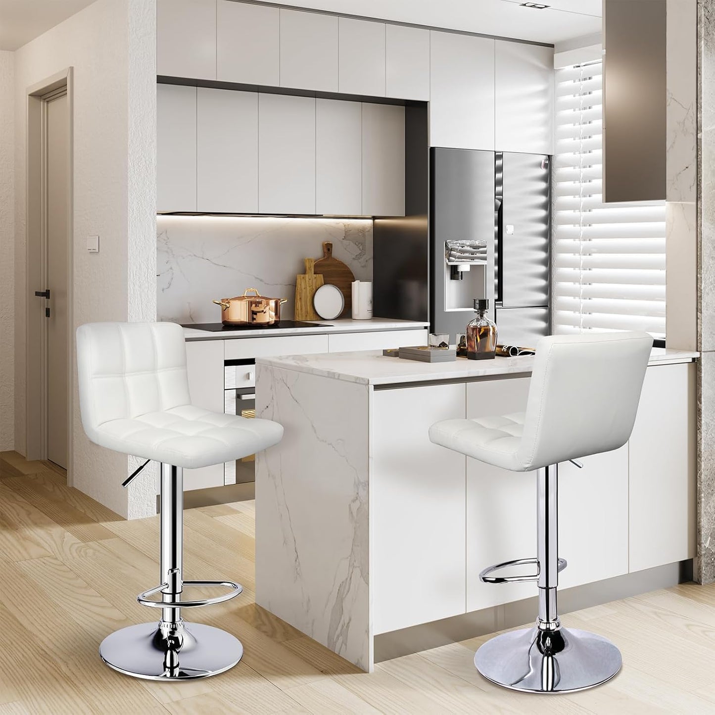 Bar Stools Set of 2,Armless Adjustable Swivel Barstools with Back,6-Squares Double Needle PU Leather Counter Height Bar Stools for Kitchen Island,White