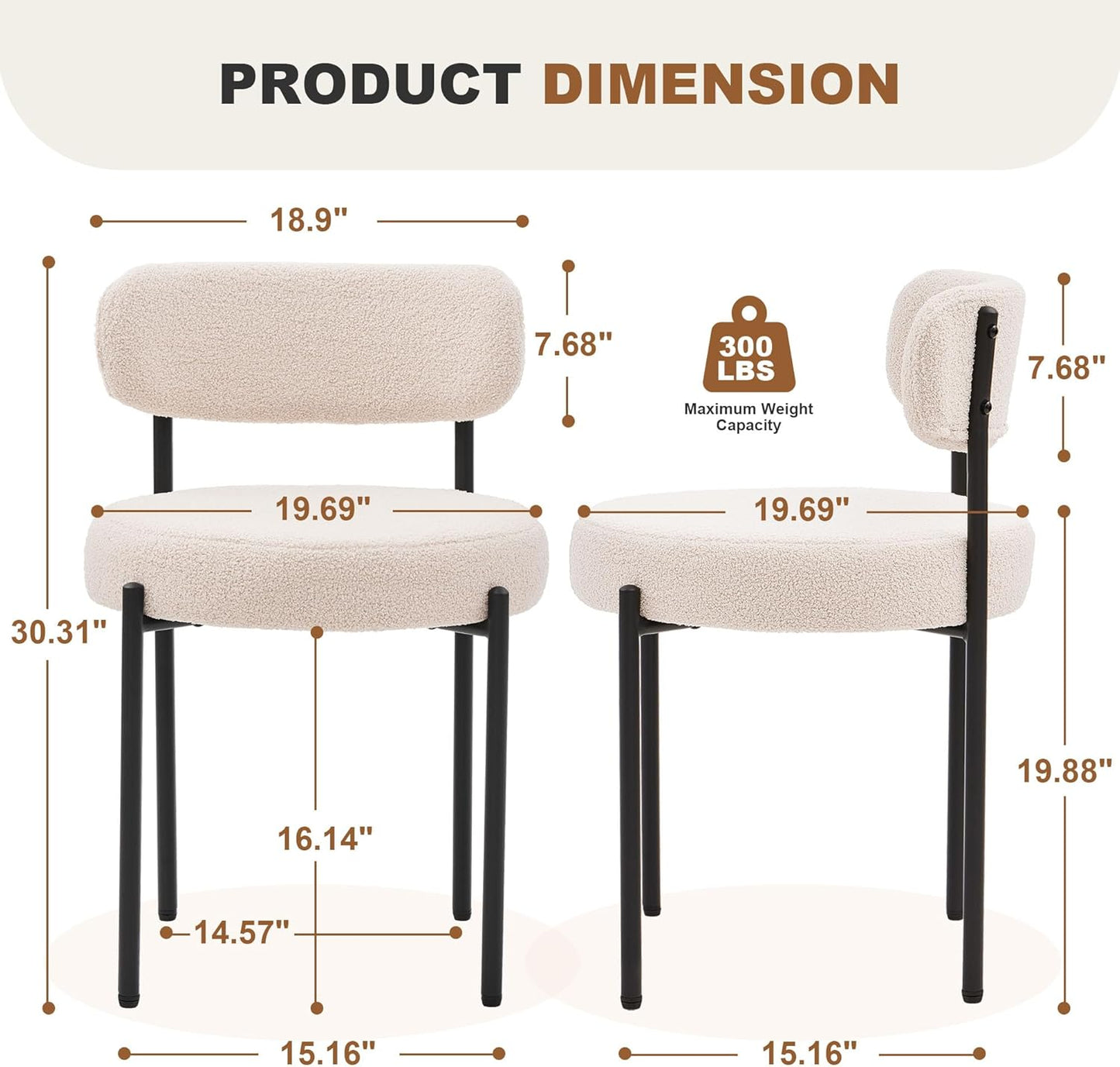 Dining Chairs Set of 6, White Boucle Dining Chair, Curved Backrest Upholstered Dining Room Chairs with Black Metal Legs, Mid Century Modern Dining Chairs for Kitchen, Living Room, White