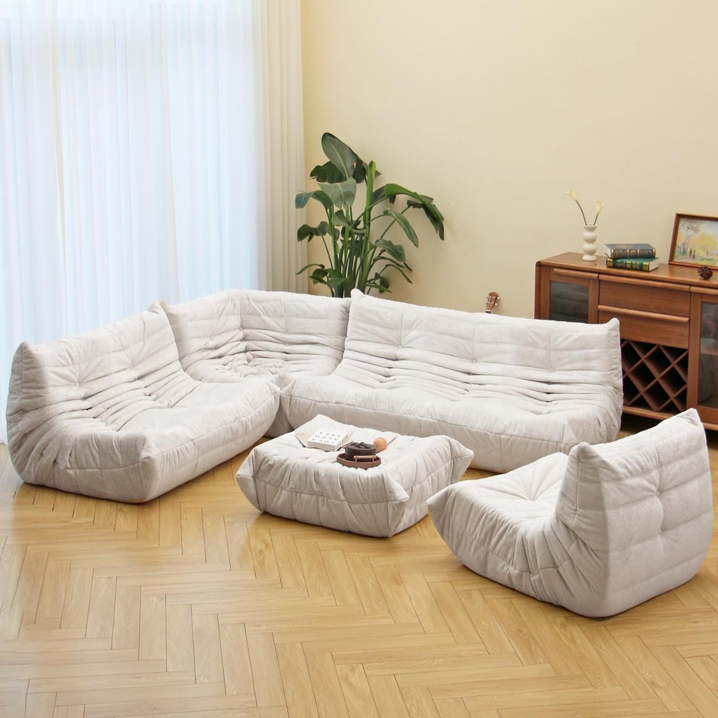 N&V Fireside Chair, Mid Century Armless Floor Sofa, Soft Premium Chenille Floor Lounge Chair, Foam Sofa Accent Chair for Living Room Bedroom and Office (White, Loveseat)