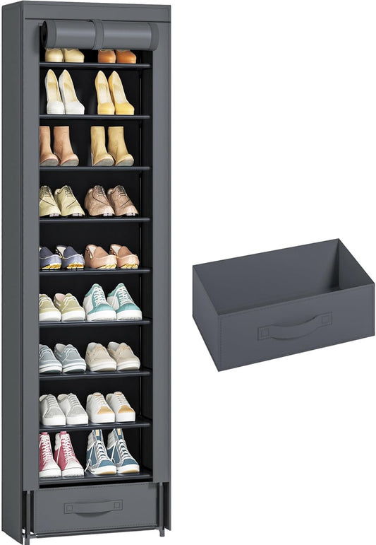 Shoes Rack 10 Tier Tall Narrow Shoe Rack with Bin Covered Shoe Shelf Storage Organizer Closet Stackable Shoe Stand